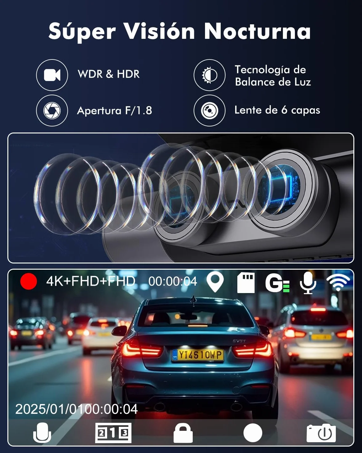 Dashcam 4K 3 Canales para Coche, Cámara Coche Interior y Trasera con GPS WiFi 6, Vigilancia 24H Parking, Visión Nocturna HDR, Dash CAM Coche con Tarjeta 64GB Gratis (V1)