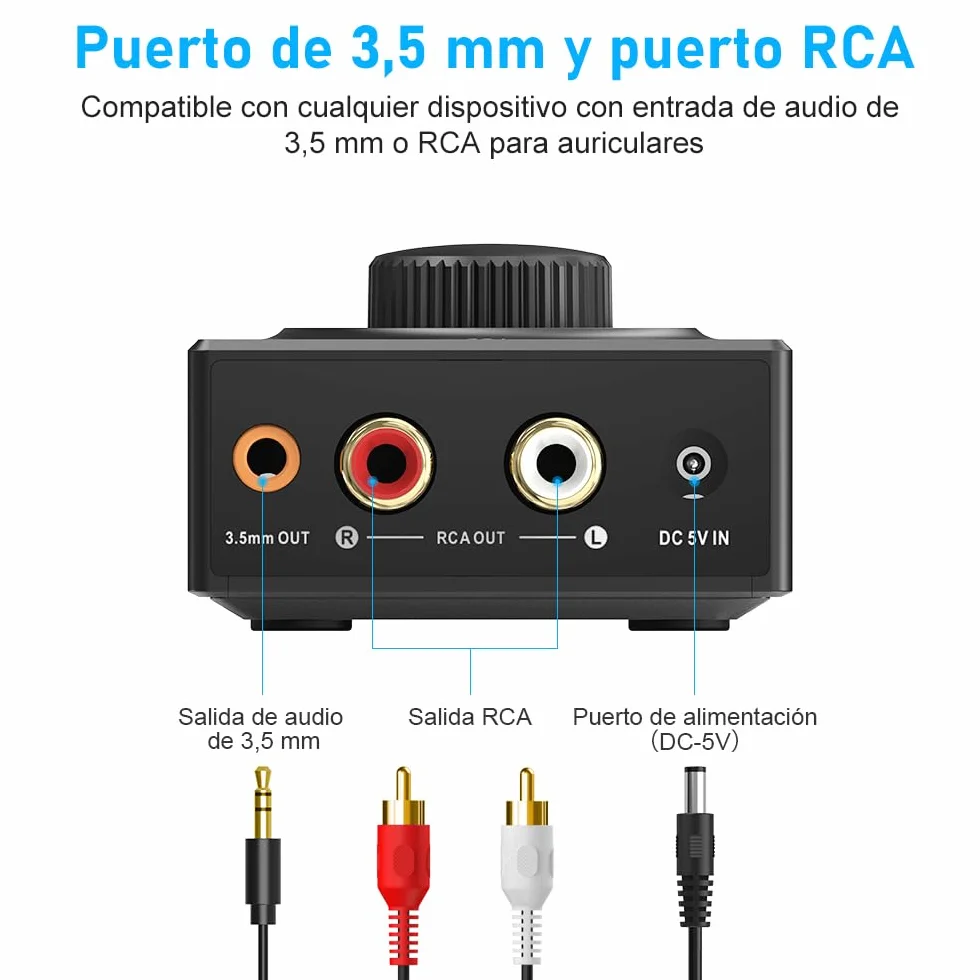 YMOO Receptor Bluetooth 5.3 HiFi Audio con RCA y 3,5mm Jack, Adaptador Bluetooth para Equipo de Música/Amplificador/Altavoz, 30M AUX Receiver Adapter Inalámbrico, Conexión Dual para Dos Altavoces
