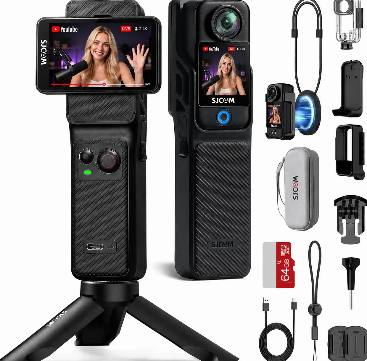 SJCAM C400 Cámara Acción 4K Paquete Vlog 64G 2.29" Pantalla Táctil 7 Horas Autonomía Impermeable Estabilización 6 Ejes Negro