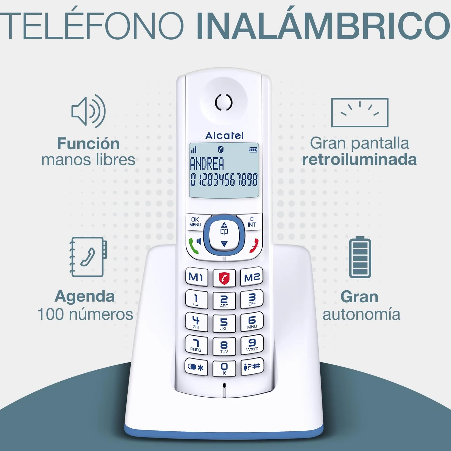 ALCATEL F530 Teléfono inalámbrico DECT Gran pantalla retroiluminada Manos libres Bloqueo de llamadas Blanco/Azul