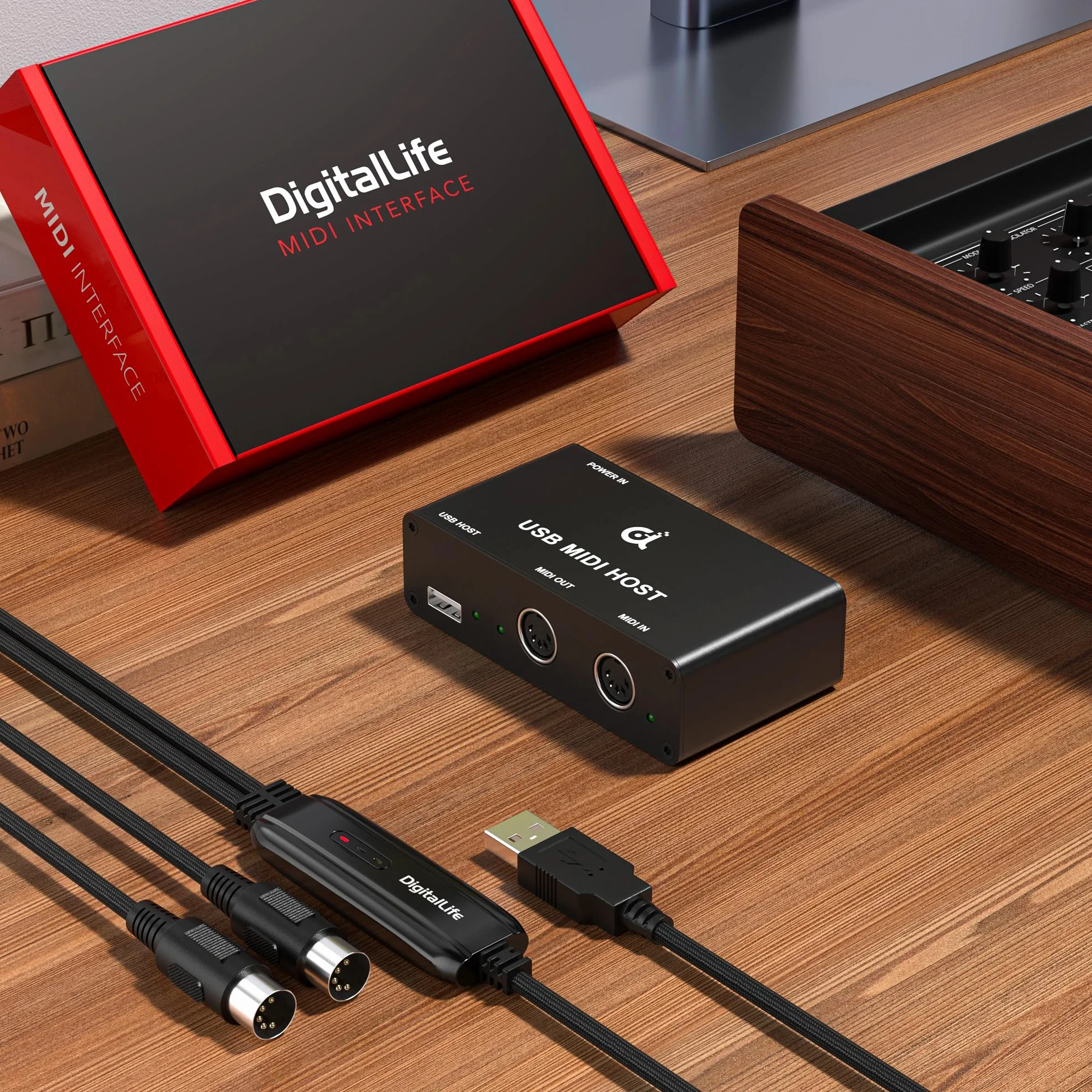 DigitalLife Interfaz MIDI USB Host Autónomo con Indicador LED, MIDI DIN de 5 Pines 1 Entrada / 1 Salida para Conectar Teclados y Controladores MIDI USB (Negro, Metal, UMH-10)