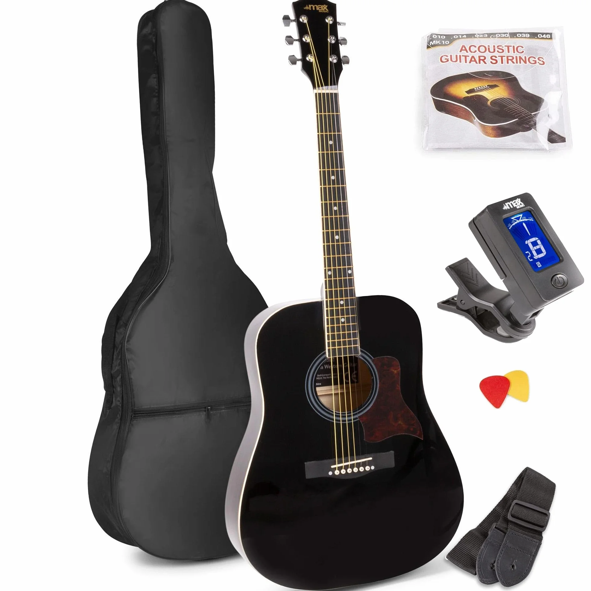 MAX SoloJam Pack de Iniciación Guitarra Acústica Color Negro con Funda, Afinador Digital, Correa de Hombro, Púas y Cuerdas de Repuesto – Todo lo Necesario para Empezar a Tocar desde Cero