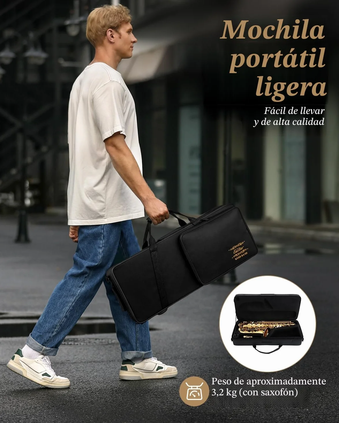 Eastar AS-Ⅱ Student Saxofón Alto E Flat Gold Lacquer Alto Beginner Sax Kit completo con estuche de transporte Boquilla Correas Cañas Soporte