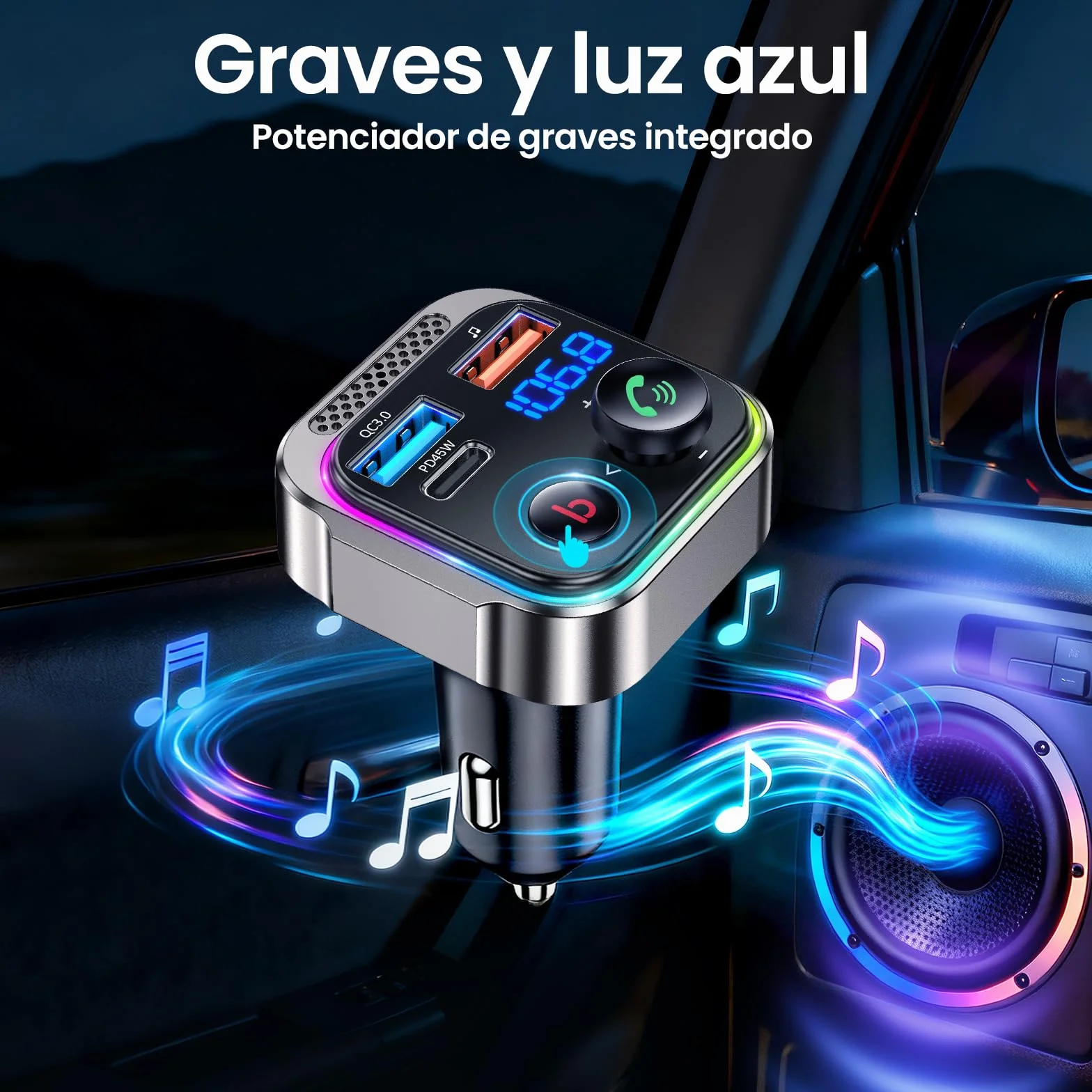 GizmoVine Bluetooth FM Transmitter Car Charger 63W PD 45W 18W Dual USB LED Handsfree Zinc Alloy