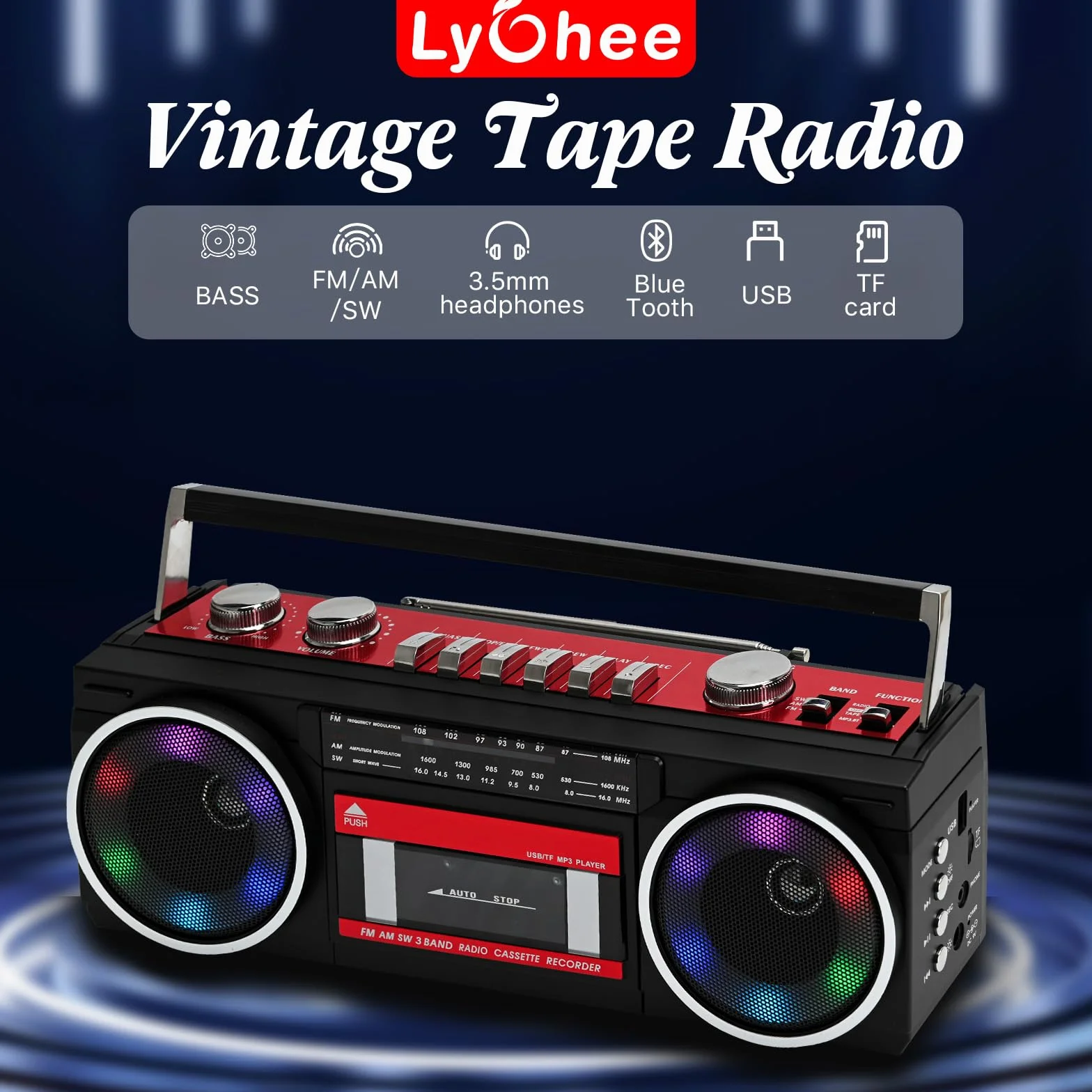 Reproductor de Casete portátil Boombox, Radio estéreo Am/FM/SW, Reproductor de Casete, grabadora de MP3, Bluetooth, USB, Luces RGB, Tarjeta TF (Rojo)