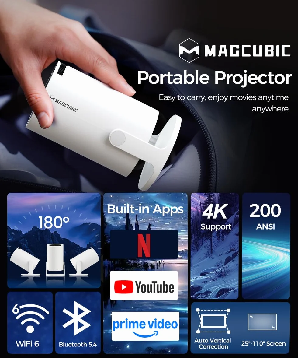 Proyector Portátil con Android 14, Mini Proyector 4k 1080P Full HD Soporte 200ANSI 8000L, Videoproyector WiFi 5G BT 5.4, Cine Projector 180 ° Se Puede Girar para TV Stick Blanco
