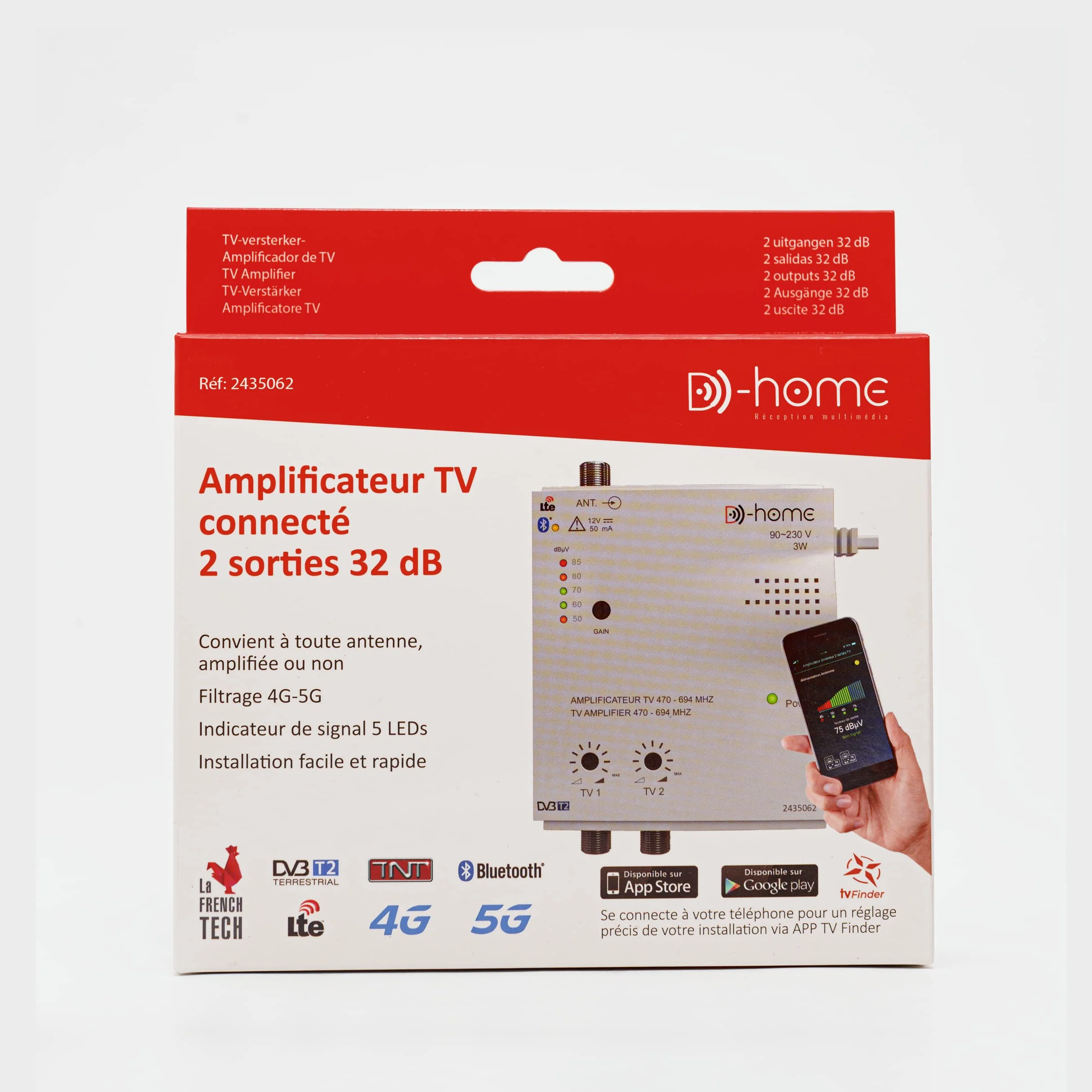 D-Home - Amplificador de TV TNT Interior 2 Salidas 32dB Conectado Filtrado 4G-5G - Funciona con la App Móvil TV Finder para encontrar la mejor señal disponible. Para cualquier antena