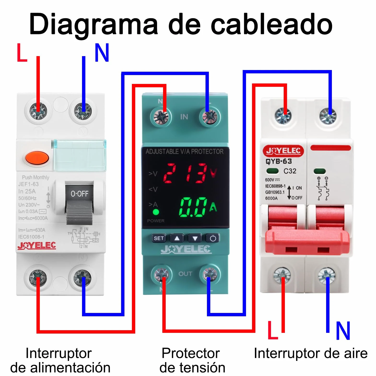 Protector Sobretensiones, Dispositivo Ajustable Subtensión Estabilizador Voltaje AC230V 63A 2P, Restablecimiento Automático, Protección Sobrecorriente,con Luz LED y Pantalla Voltaje