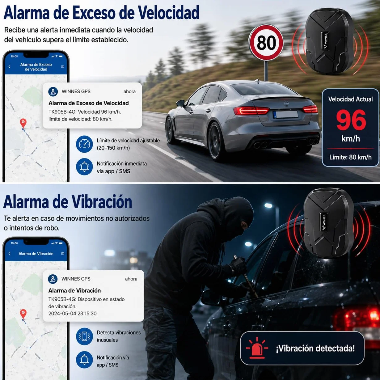 Winnes Localizador GPS para Coche 5000 mAh Rastreador magnético Resistente al Agua Tiempo de Espera ultralargo de hasta 90 días Alertas de geovalla Suscripción Gratuita TK905