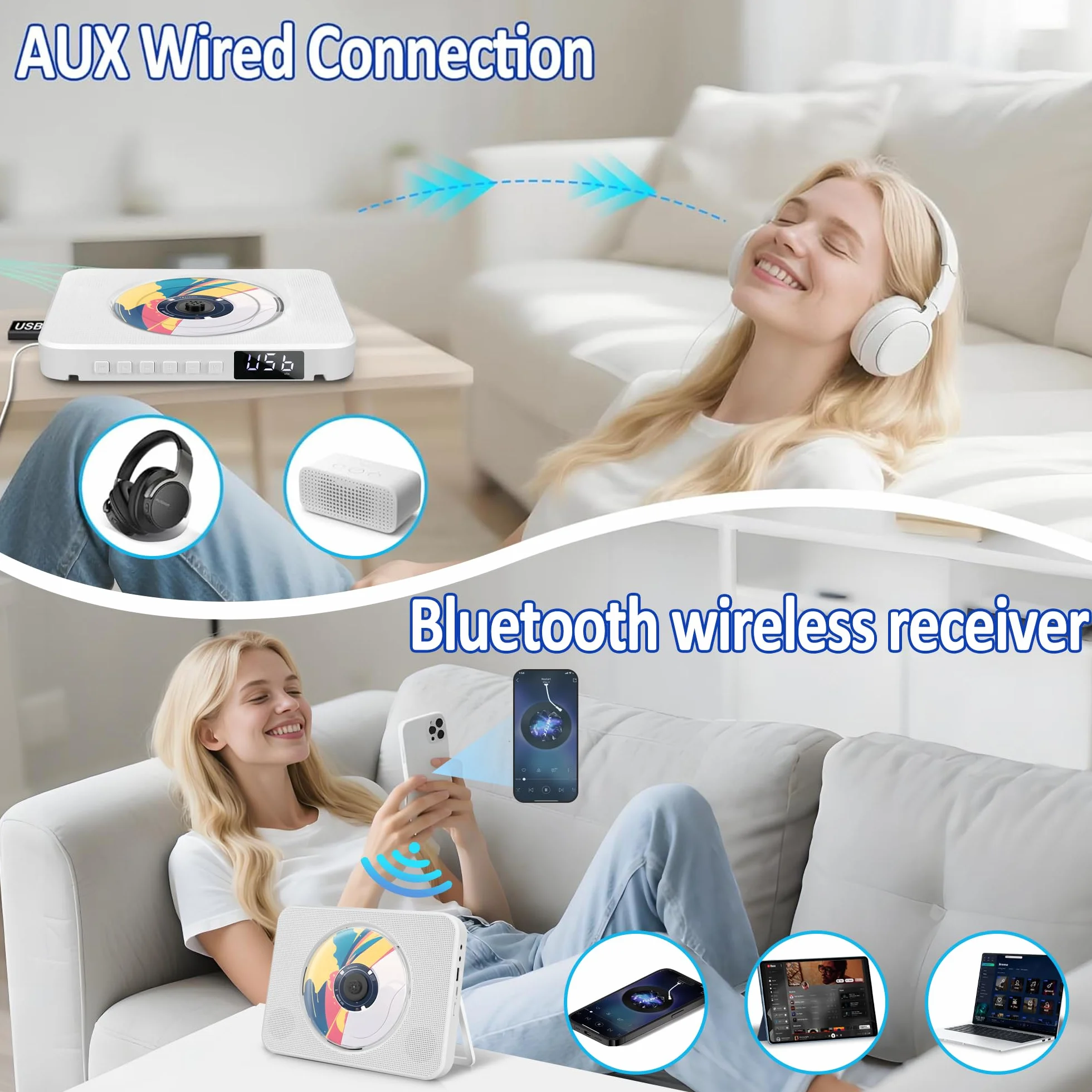 Przenośny odtwarzacz CD Bluetooth z radiem FM, USB, AUX, pilotem