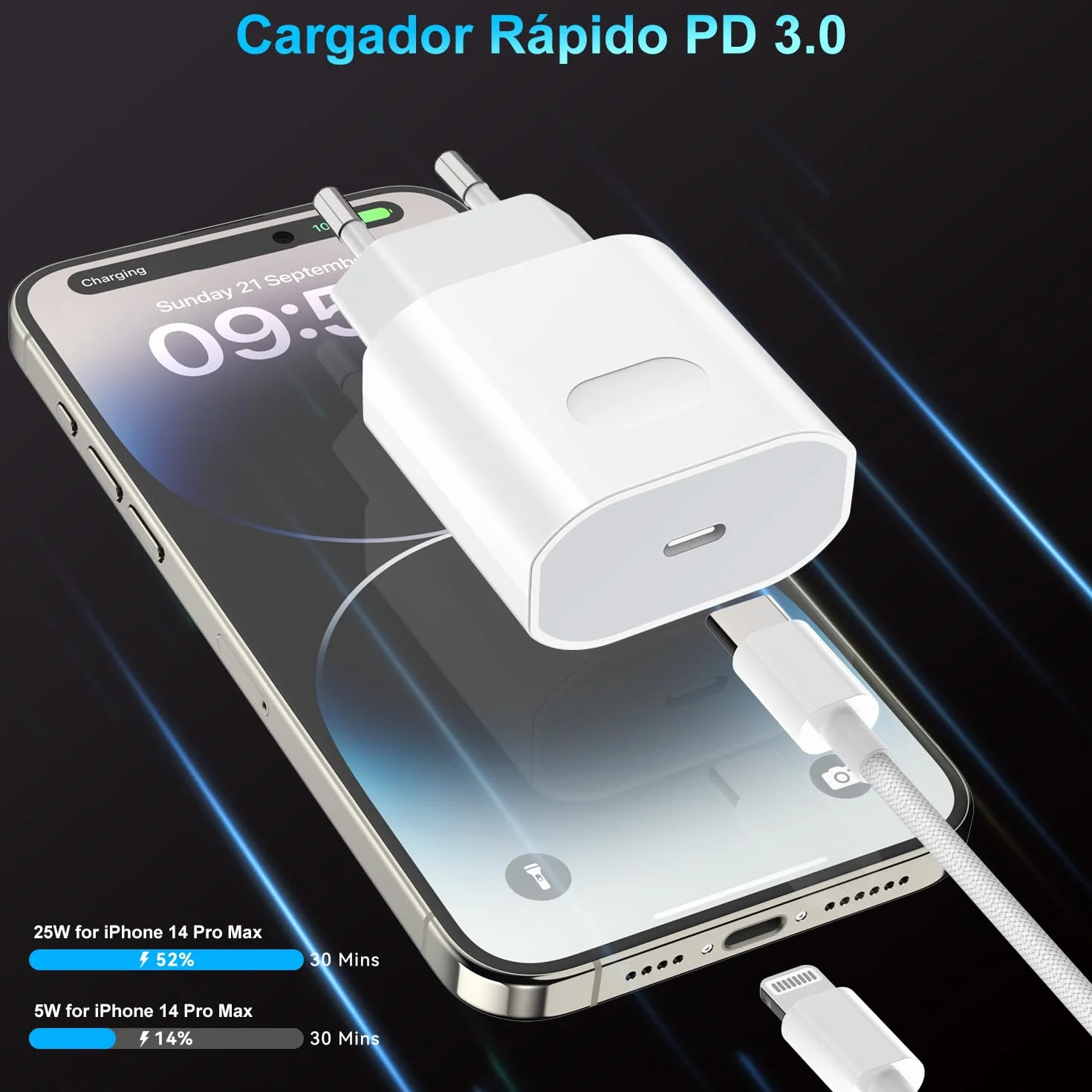Cargador Carga Rápida 25W USB-C para iPhone 14/13/12/11/Pro MAX Plus Mini SE XR X XS, Cable Lightning 1m Certificado Apple MFi