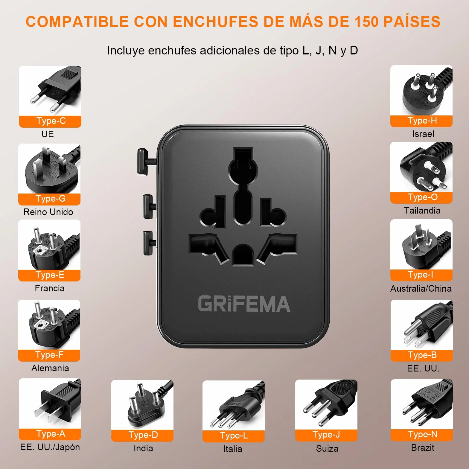 GRIFEMA Adaptador Enchufe Universal de Viaje, Cargador Internacional 6 en 1 con 2 USB-C, 2 USB-A y 2 Tomas AC, Adaptador Corriente para Reino Unido, USA, Europa, Australia, Italia, Japón