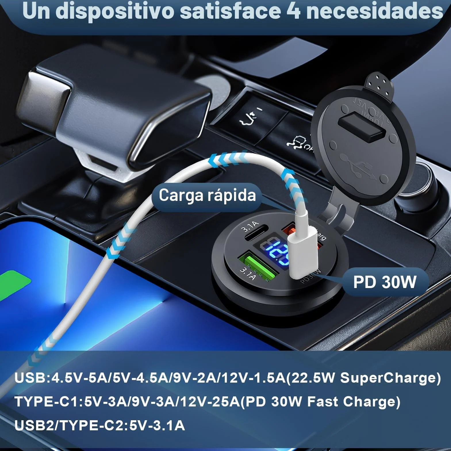 Cargador de Coche 12V 4 Puertos USB, Doble PD3.0 QC3.0 USB C Impermeable con Voltímetro