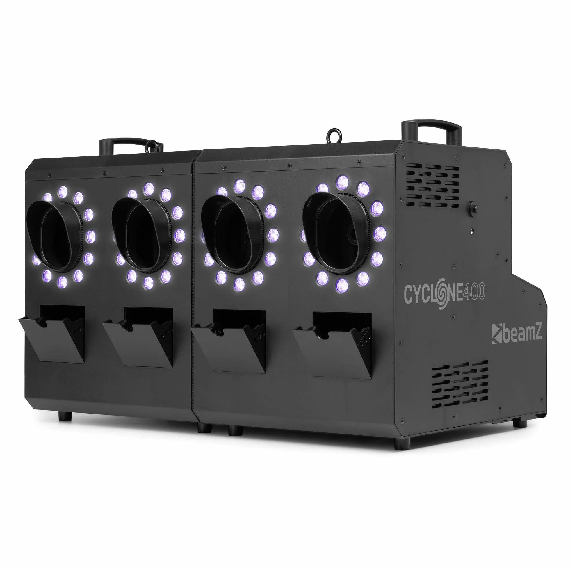 Beamz Cyclone400 - Máquina de Humo y Burbujas con 48 LED RGBW 500m³/min Control DMX Mando inalámbrico Efectos Especiales Fiestas Eventos Discoteca Halloween Decoracion Smoke Machine, Color Negro