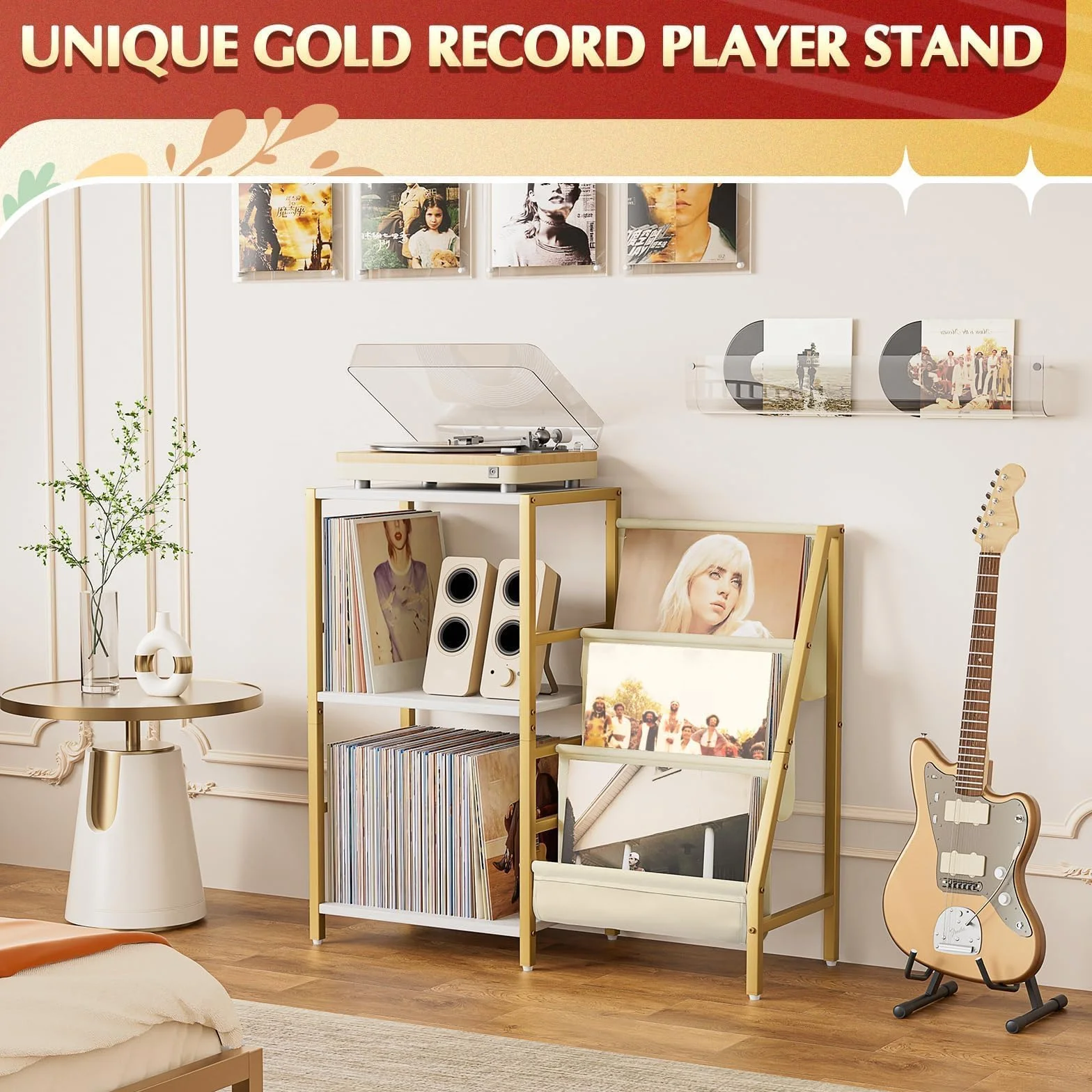 Bikone Mueble para Tocadiscos con 3 Niveles Almacenamiento de Vinilos – Mesa Giradiscos con Estante Expositor, Capacidad para 200 Discos, Consola de Medios para Estéreo y Equipos de Audio (Dorado)