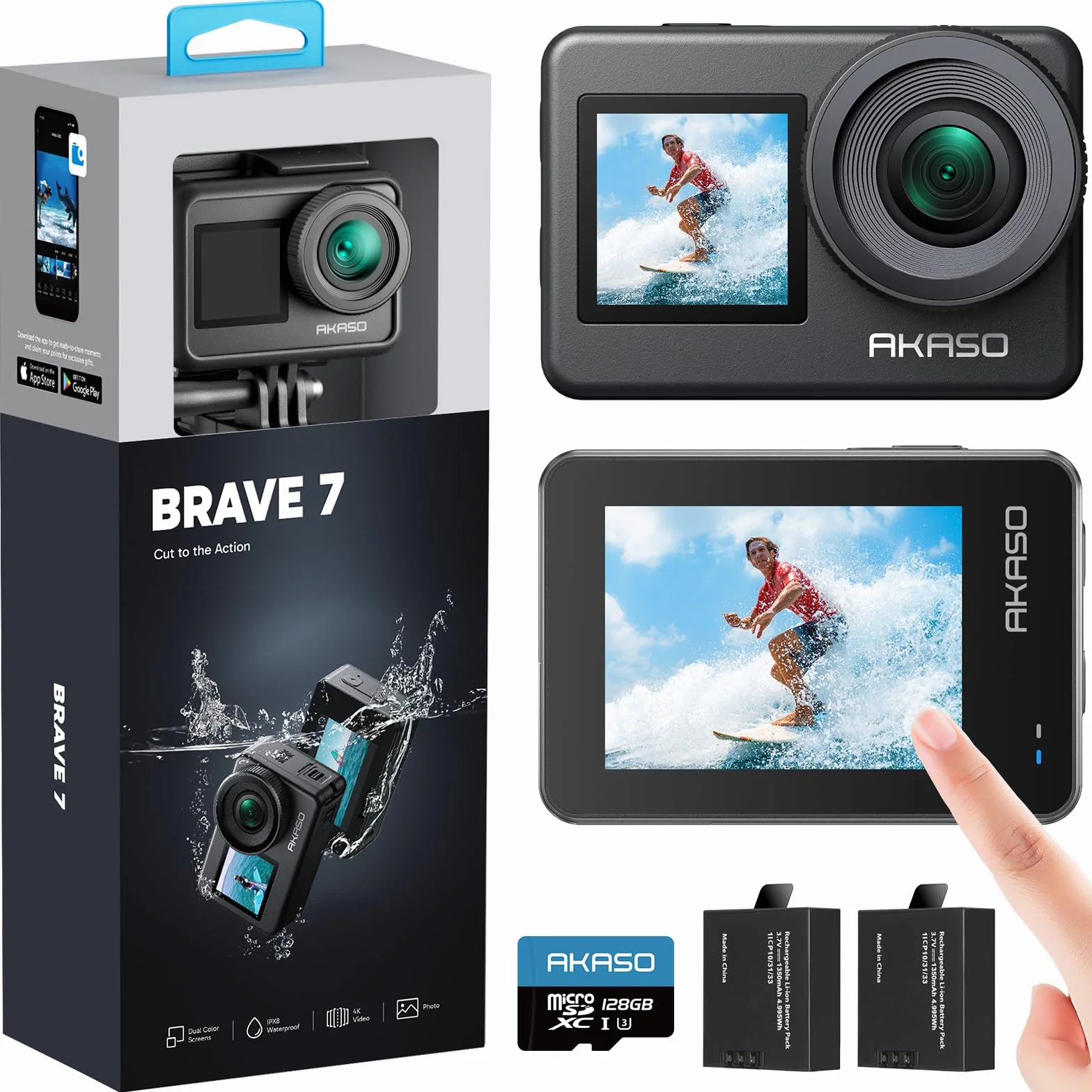 AKASO Brave 7 Cámara Deportiva 4K con Tarjeta de Memoria microSDXC de 128GB Cámara de Acción 20MP WiFi Camara Acuatica Sumergible Doble Pantalla EIS Control Remoto Control de Voz 2x1350mAh Baterías