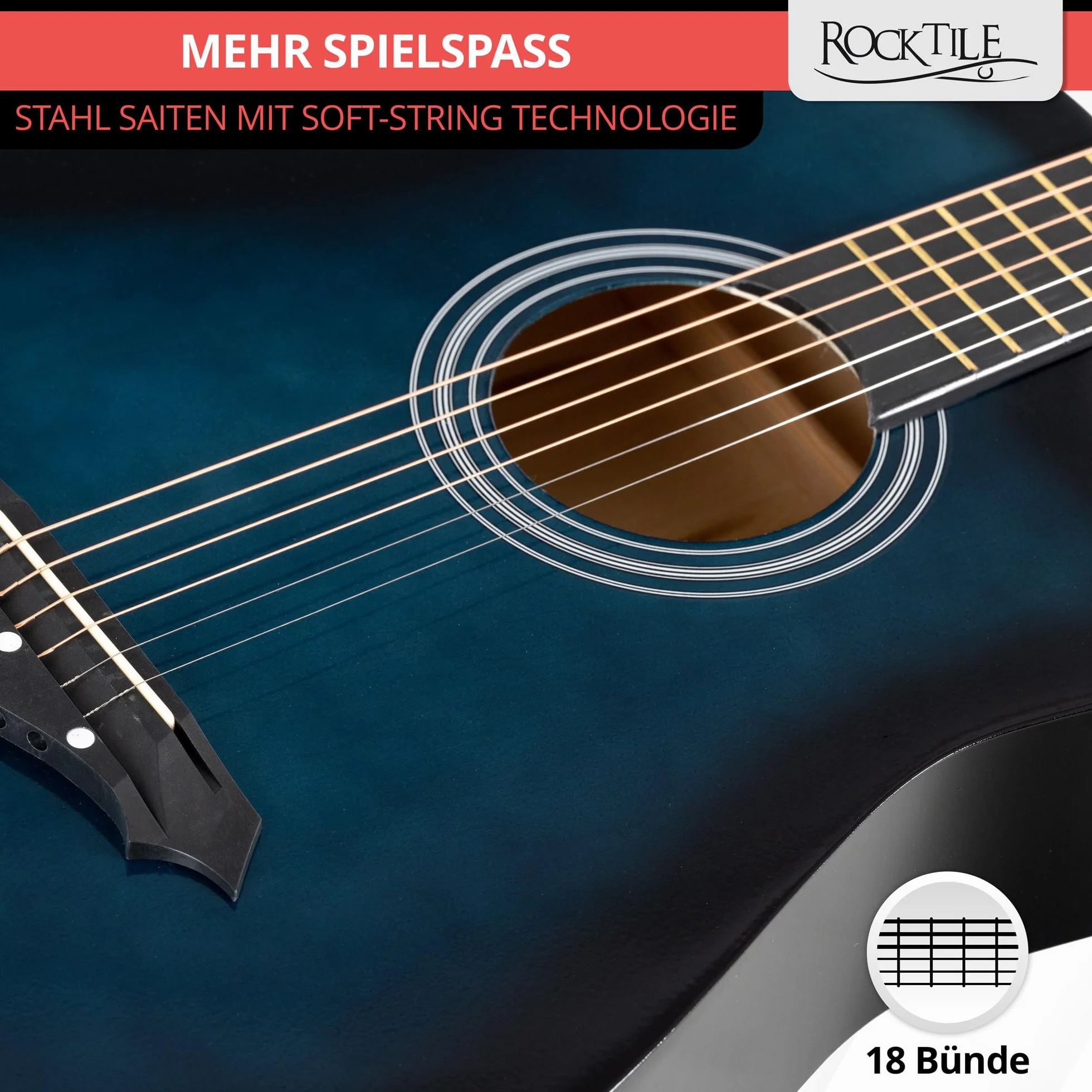 Rocktile WSD-5C-BUB Slim Line Set De Guitarras Western - Guitarra Acústica Dreadnought - Cuerpo De Tilo - Mástil: Catalpa - Set Incluye Funda, Cuerdas De Repuesto, Correa Y Púas - Blueburst