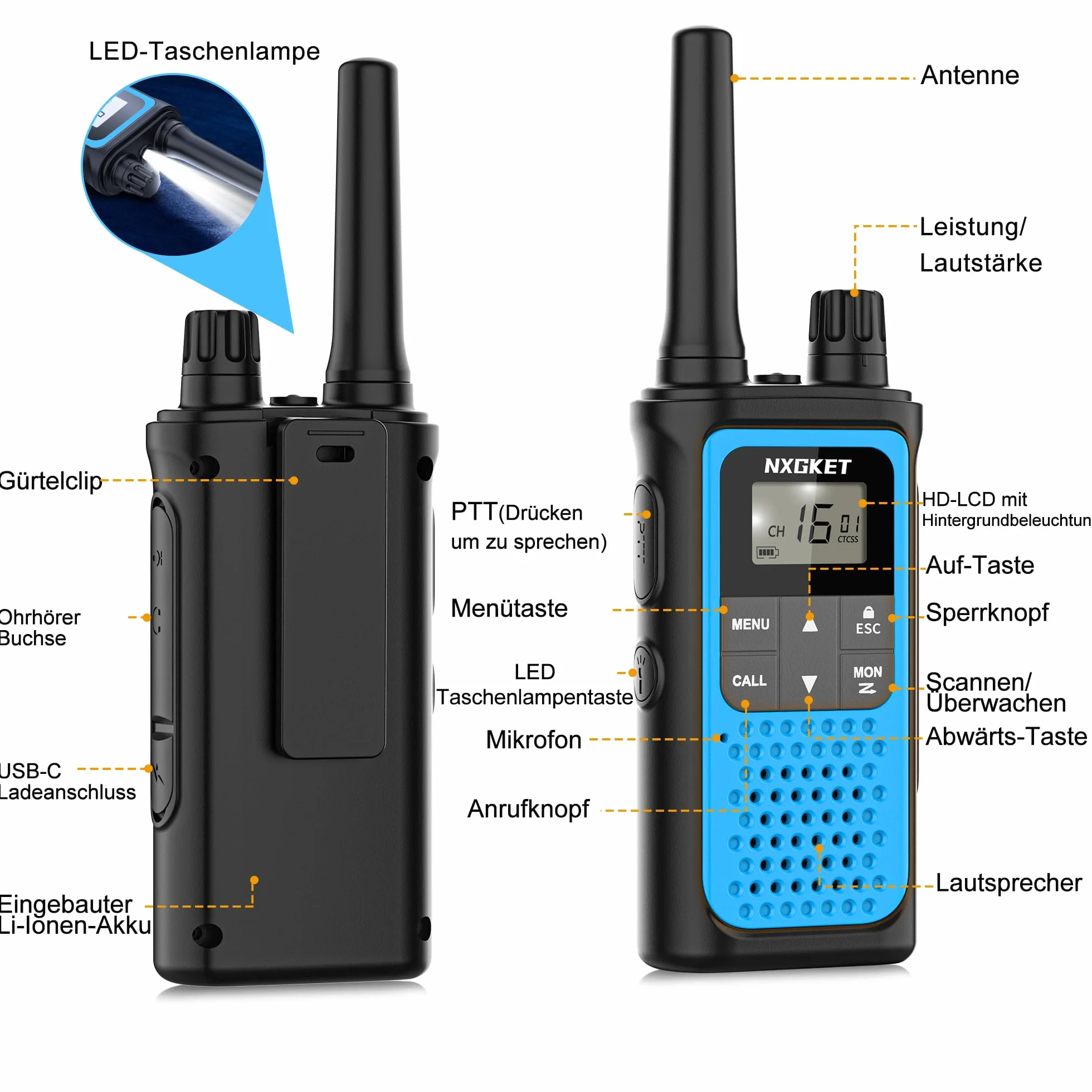 Walkie Talkie Profesional Recargable, NXGKET 3pcs PMR 446 Sin Licencia Radiocomunicación Largo Alcance con Batería Incorporada,16 Canales Radio LCD Pantalla y Luz LED para Camping