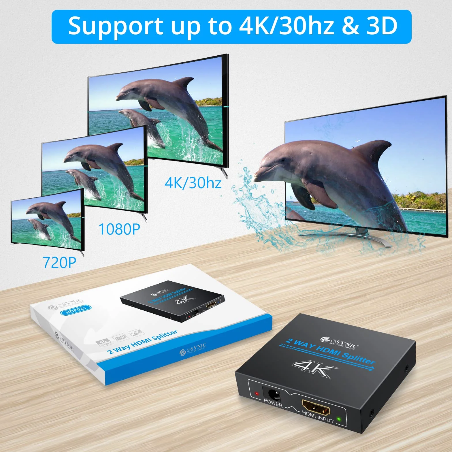 eSynic HDMI Splitter 1x2 4K Divisor 1 Entrada 2 Salidas 1080P 3D 30Hz para TV Monitor Proyector