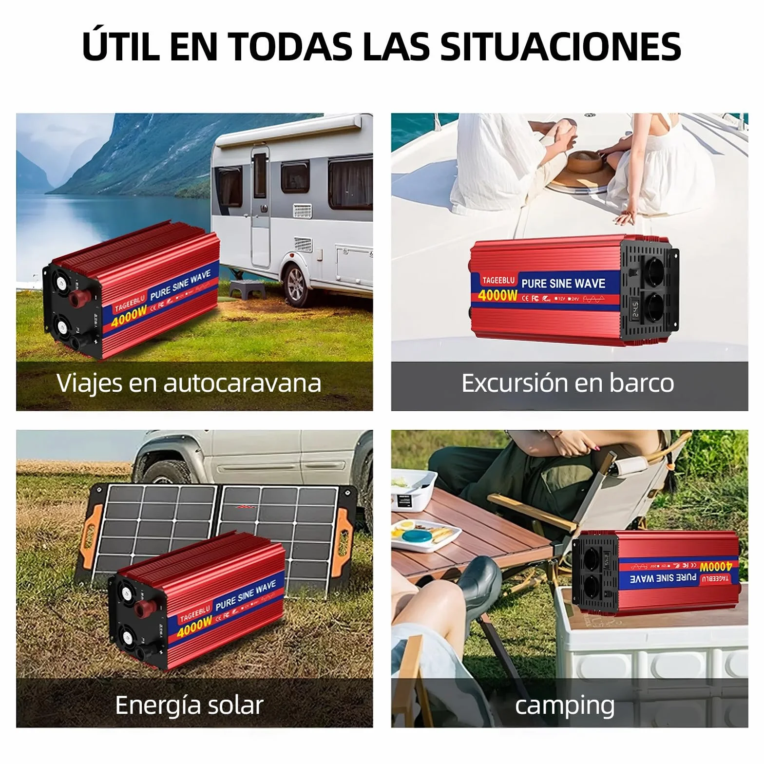 4000W Inversor 24v 220v Onda Pura, Transformador 24v a 220v camion con 2 AC Tomas, Pantalla LCD