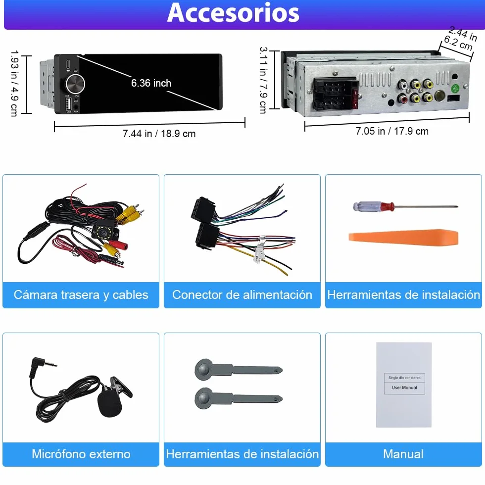 AWESAFE Universal 1 DIN Radio de Coche con Pantalla Táctil 6.36 Pulgadas, con CarPlay/AndroidAuto/Admite Carga Type-C/USB/Micrófono/FM/EQ/WiFi/GPS/Bluetooth/USB/SWC