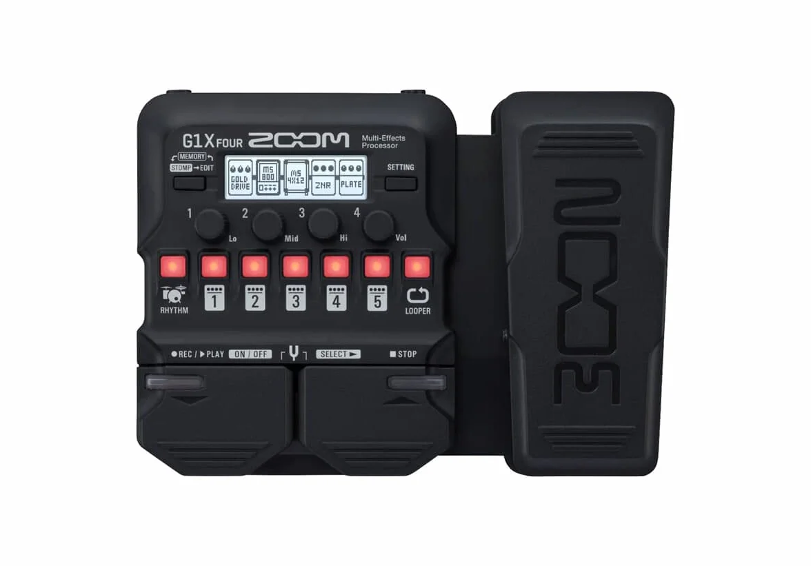 Zoom G1X FOUR Pedal multiefecto para guitarra con pedal de expresión, con 70+ efectos, modelado de amplificadores, looper, caja de ritmos, afinador, alimentado por pilas
