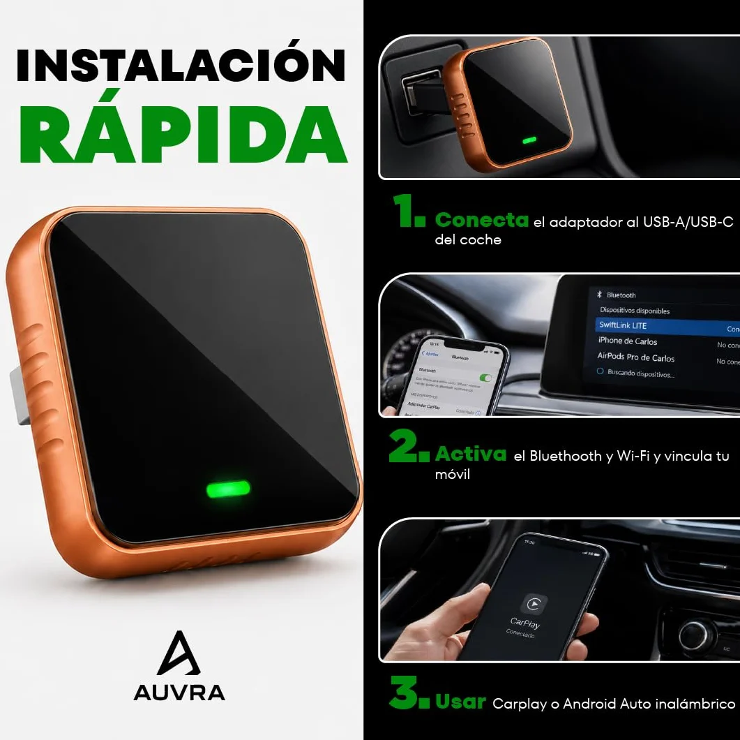 Carplay Inalambrico 2026 Adaptador Android Apple Auto Inalambrico para Coche Bluetooth WiFi USB C Plug Play Compatible iPhone Conexion Estable Sin Cables Mini Dongle Accesorios Coche Interior Air USB