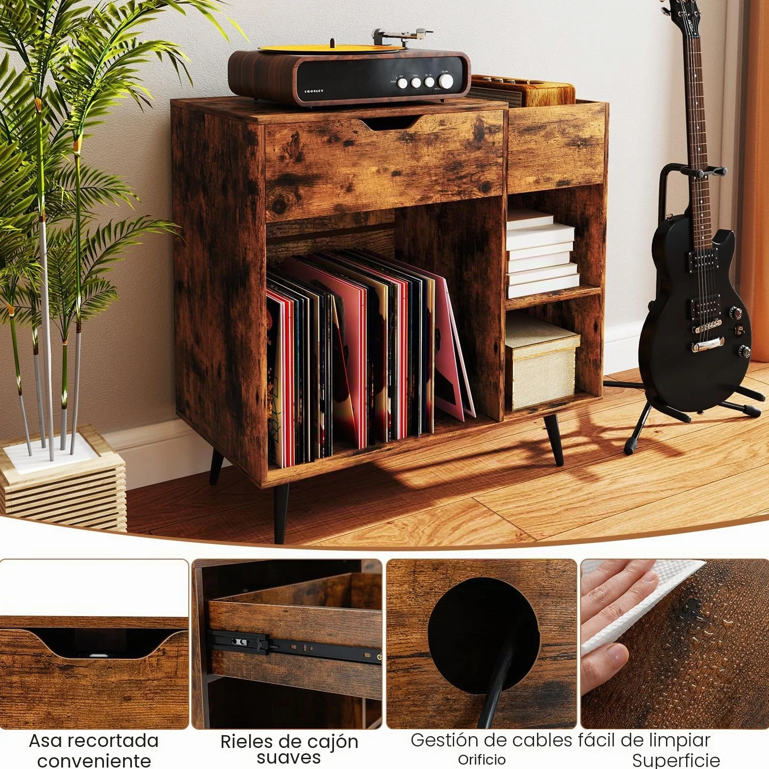 KOMFOTTEU Soporte para Tocadiscos con Estación de Carga, Mesa Auxiliar con 4 Compartimentos Abiertos y Cajón, Mueble para Tocadiscos con Carga 80 kg, Estantería de Discos de Vinilo, 80 x 40 x 79 cm