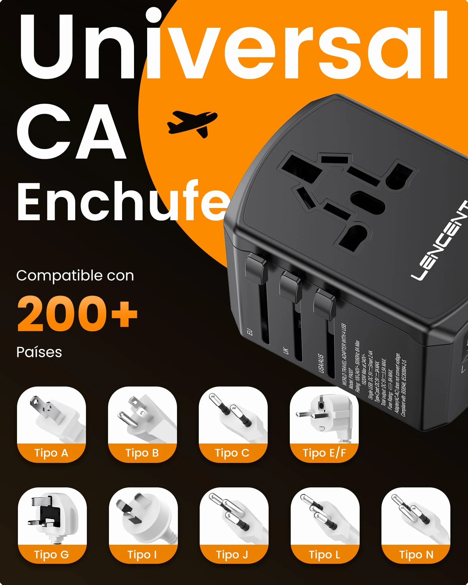 LENCENT Adaptador Enchufe de Viaje Universal, Cargador de Pared USB Internacional de 2 Puertos USB-A y 2 Tipo C para EEUU/UK/EU/AUS Más de 200 Países para Teléfonos, Tabletas, Cámara y más, Negro