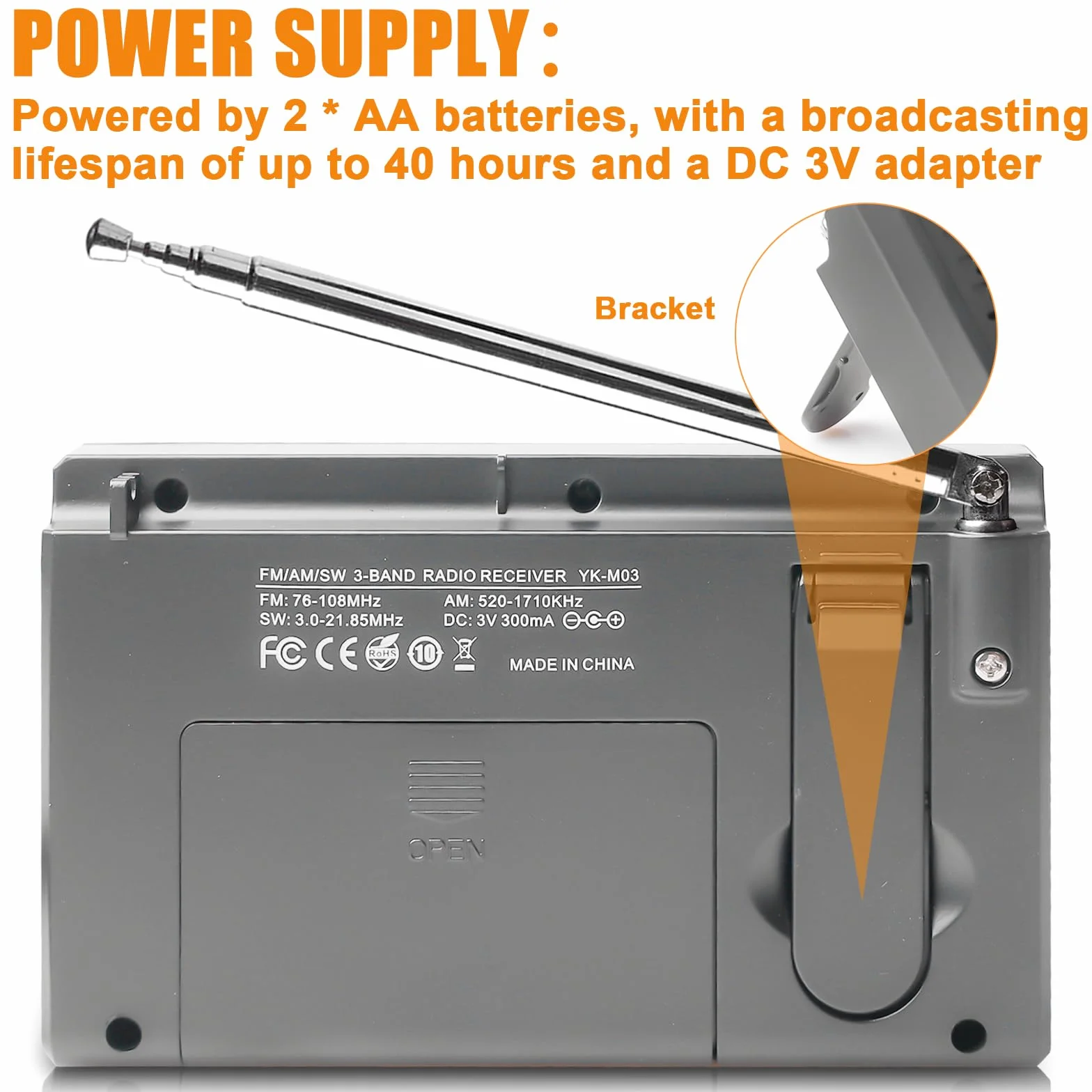 radio portátil, AM, FM, SW con pantalla LCD, pilas, altavoz integrado, alarma, temporizador de sueño, conexión para auriculares, cocina, 35 ajustes preestablecidos