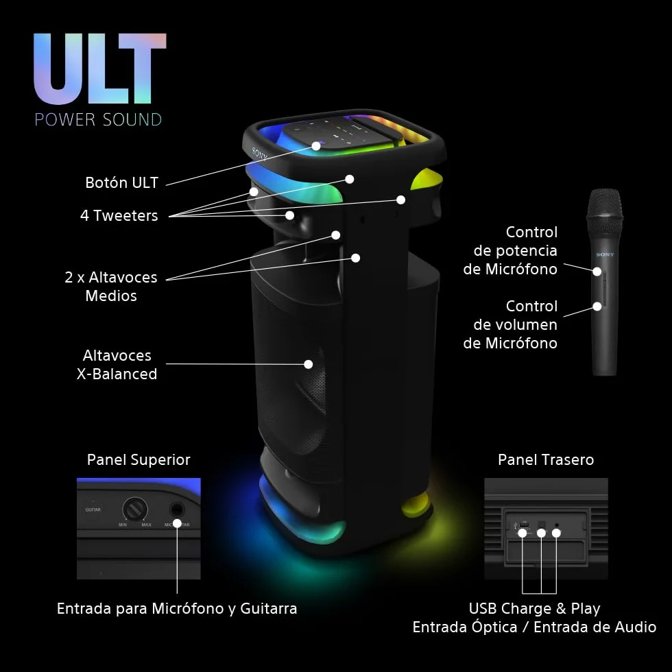 Sony ULT TOWER 10, altavoz bluetooth para fiestas con ULT POWER SOUND, Deep Bass, X-Balanced, LED 360, micrófono inalámbrico