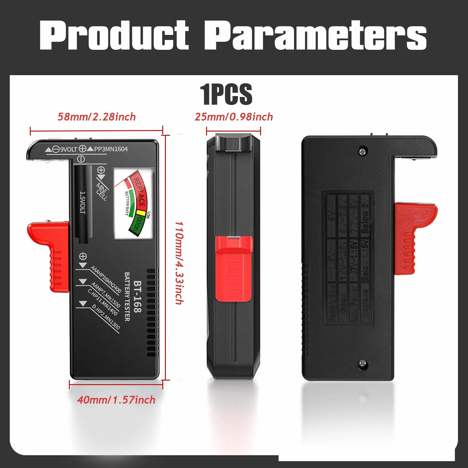 Comprobador de Pilas,Probador de la Batería,Probador Universal de Batería para pilas AA AAA C D 9V 1.5V y Célula del Botón (Negro)