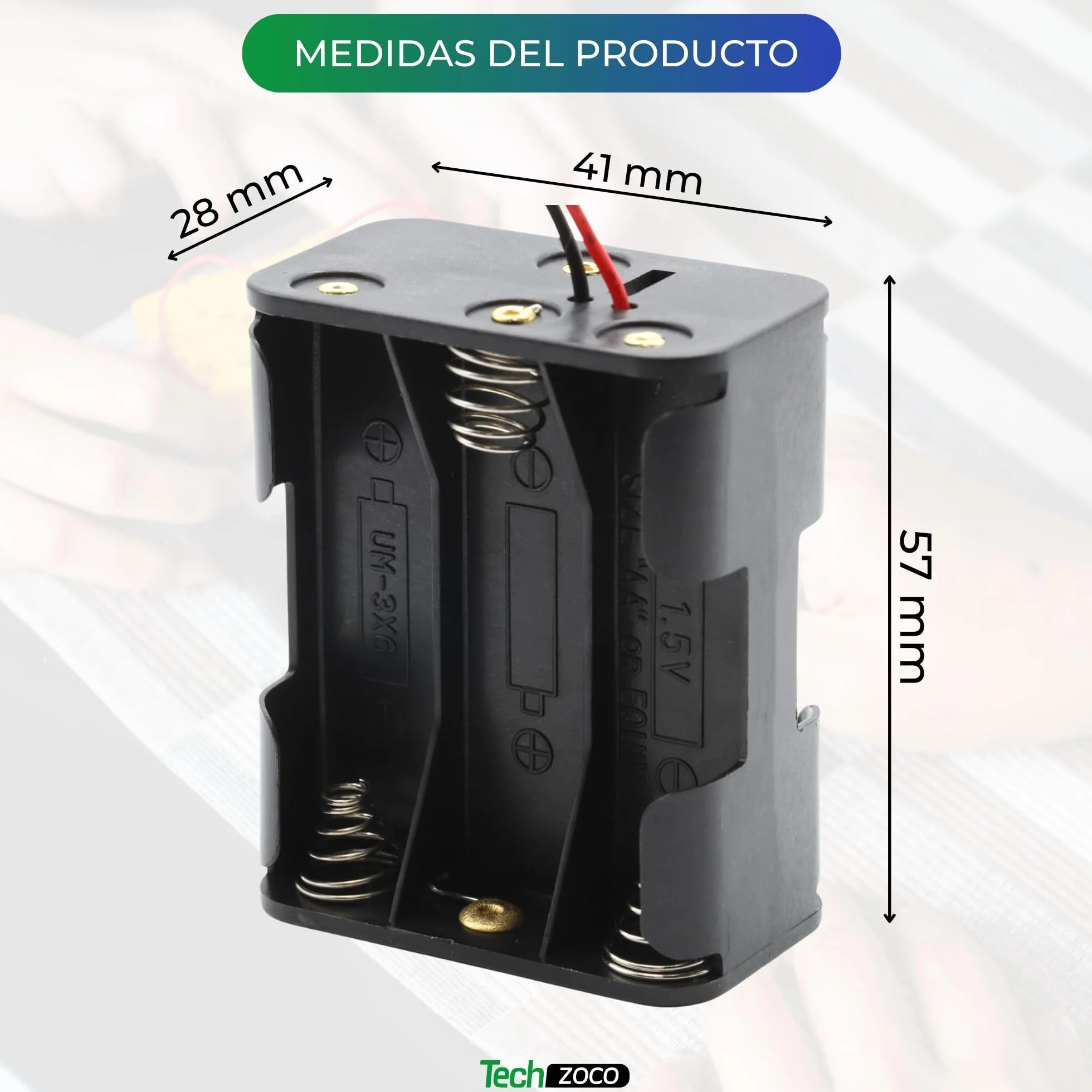 TECHZOCO Portapila Plano AA, Soporte de Batería LR6, Caja para Pila AA LR6, Incluye Cable de 200mm, Voltaje Total: 9V (1.5V por Pila), Apto para 6 Pilas Lr6 (FR6, HR6, LR6)