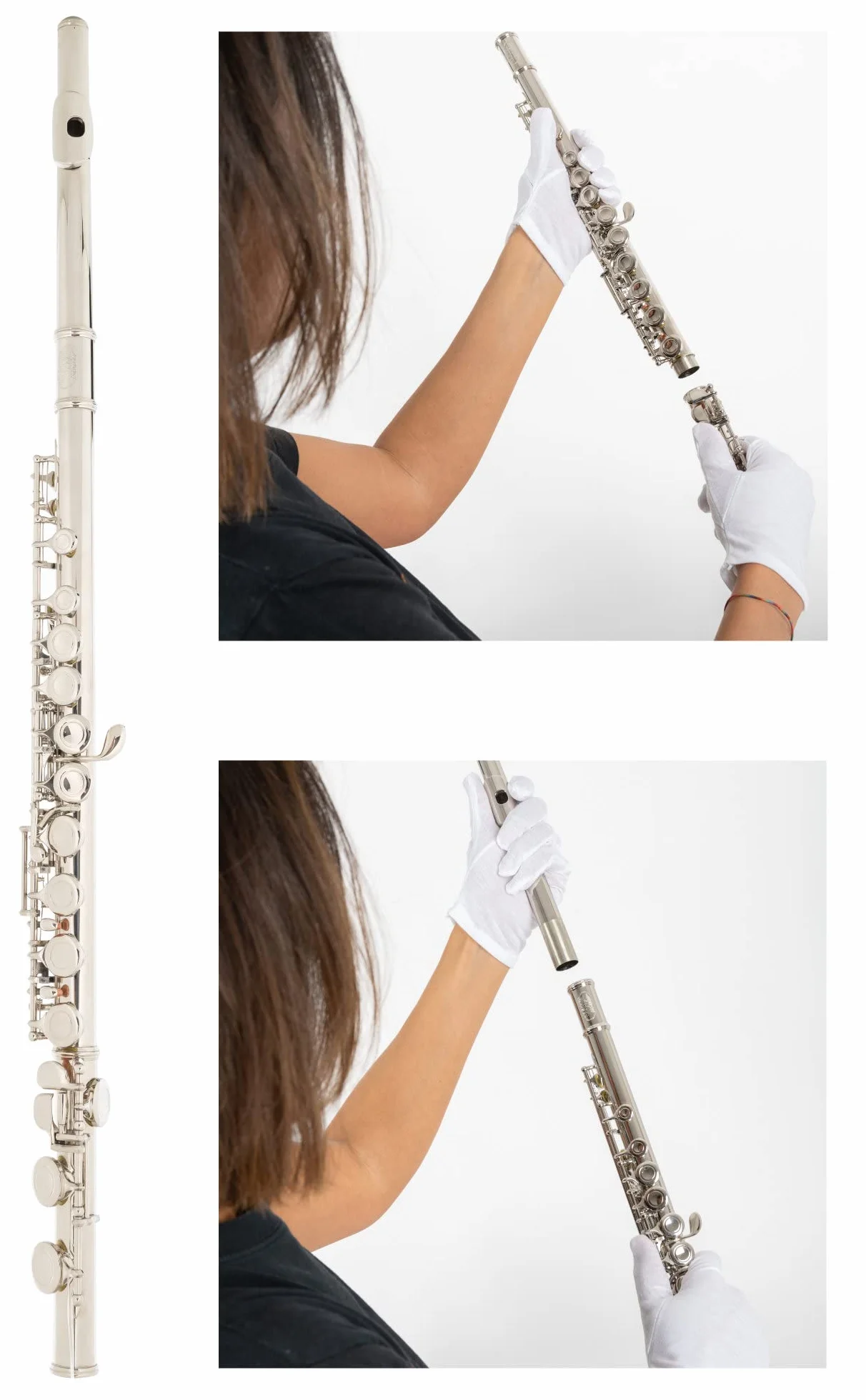 Flauta Traversa Classic Cantabile FL-100, ideal para principiantes, alpaca niquelada, llaves cerradas, mecanismo en E, sol adelantado, afinación en C, incluye estuche y accesorios, color plateado.