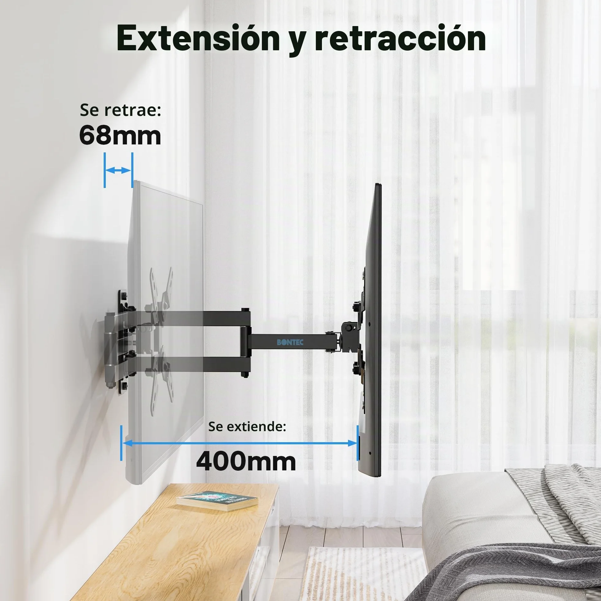 BONTEC Soporte TV Pared Inclinable Giratorio 13-42 Pulgadas Planos Curvos LCD LED OLED, Brazo Extensible hasta 25 kg VESA 200x200 mm