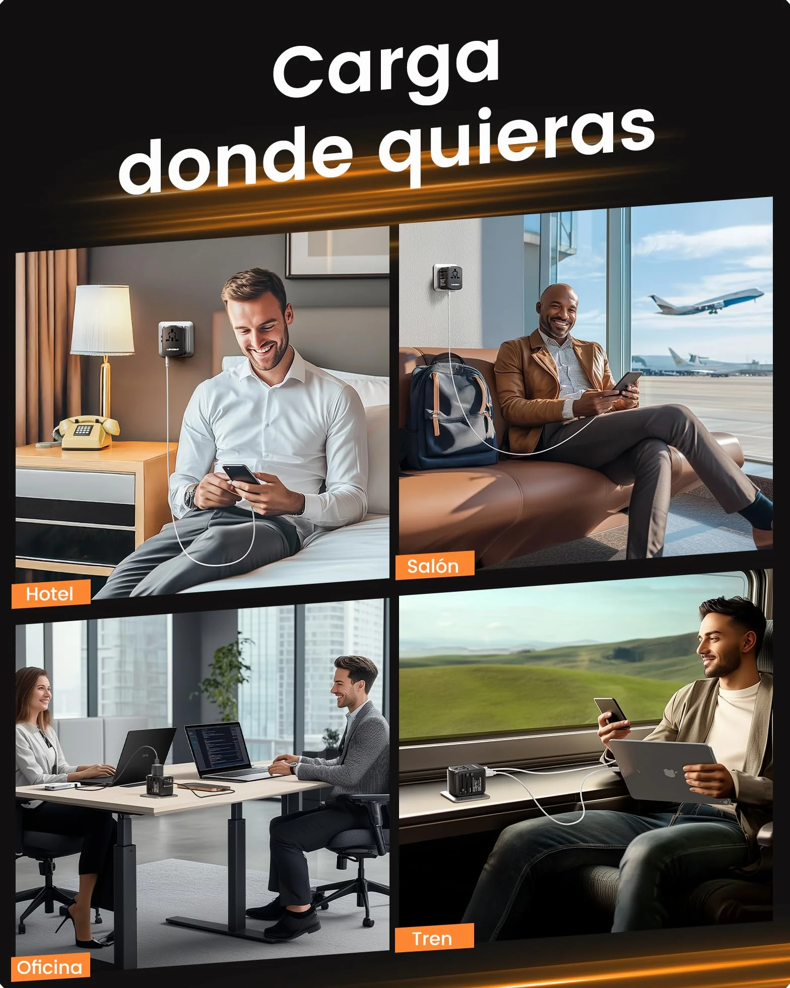 LENCENT Adaptador Enchufe de Viaje Universal, Cargador de Pared USB Internacional de 2 Puertos USB-A y 2 Tipo C para EEUU/UK/EU/AUS Más de 200 Países para Teléfonos, Tabletas, Cámara y más, Negro