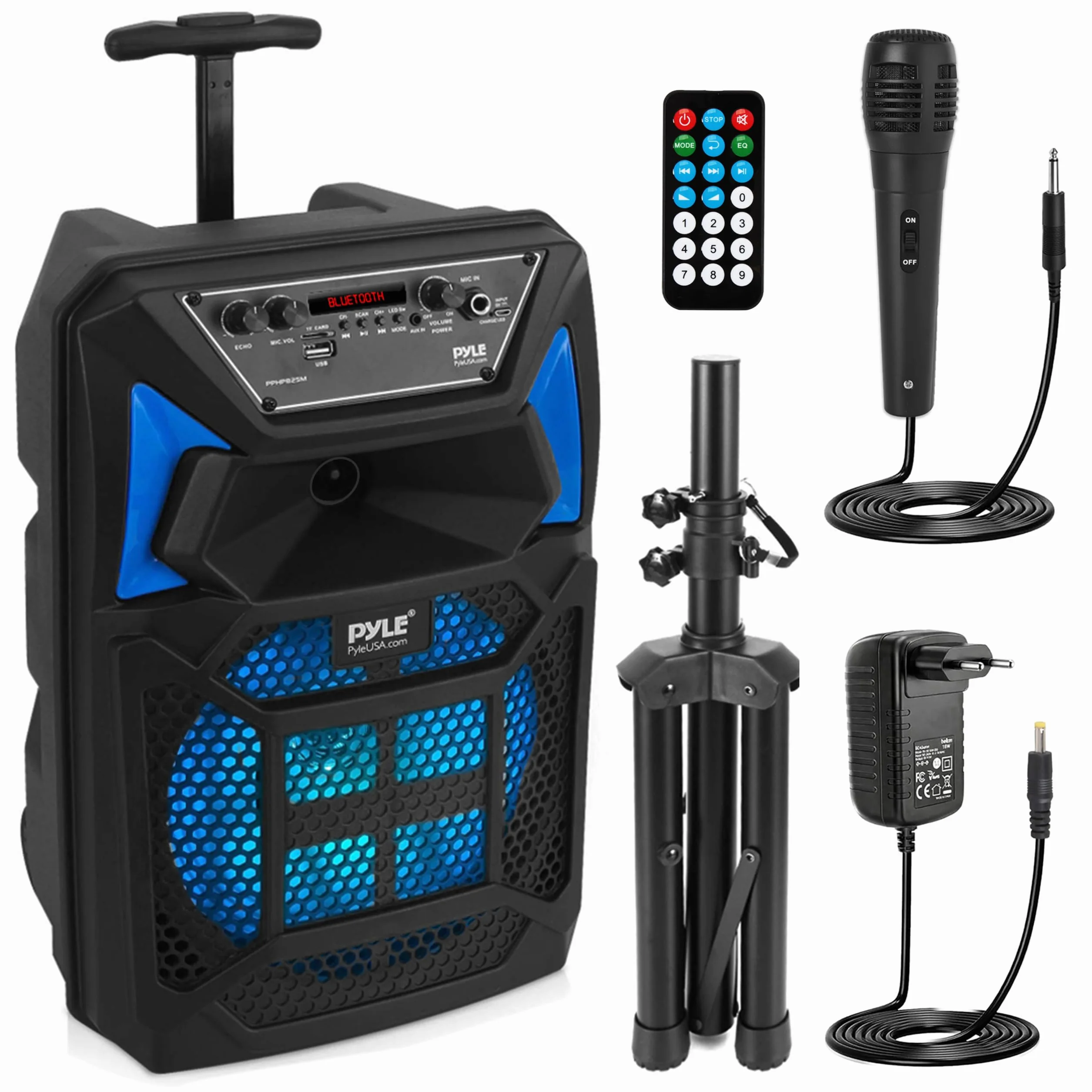 Pyle Sistema de Altavoces, PA, 400W, Bluetooth, Portatil, con microfono, Luces, Lector de Tarjeta USB SD/MP3, Radio FM, Ruedas, Mando a Distancia