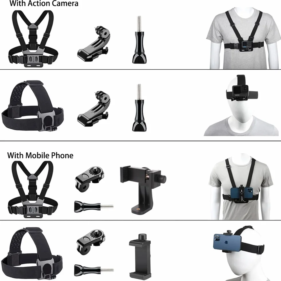Arnés de Pecho Soporte de Pecho, Arnés de Cabeza para Action CAM, Arnés de Soporte de Teléfono + Correa de Cabeza Compatible con GoPro y Otras Cámaras de Acción