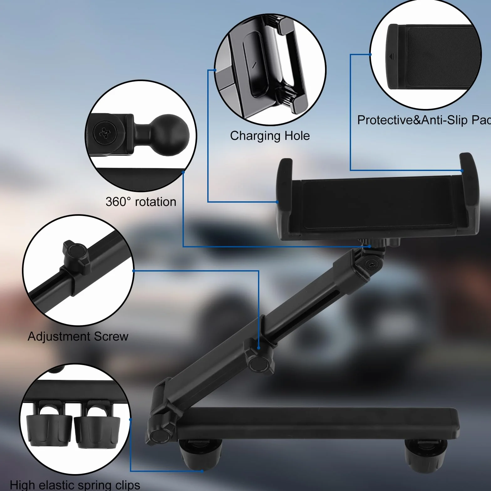 Soporte Tablet Coche, Soporte Coche Reposacabezas 360° Rotación, Soporte Extensible para Tablet Móvil, Ajustable Tablets Coche Aluminio para 4-12.9in Tab