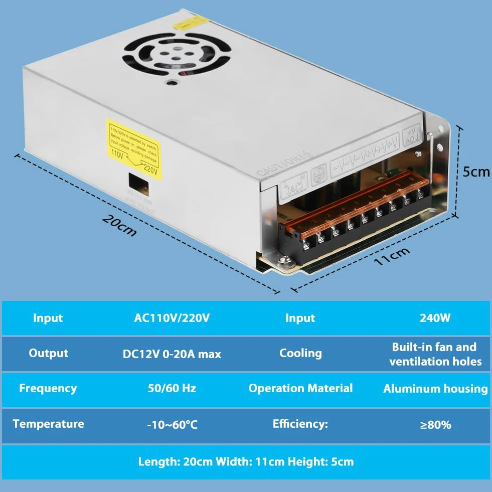 OFFCUP DC 12V 20A 240W Fuente de Alimentación Transformador, 110/220V CA a CC 12V Convertidor, 240W Fuente Alimentación para LDE lámpara Impresoras 3D Stereo y Más Dispositivo