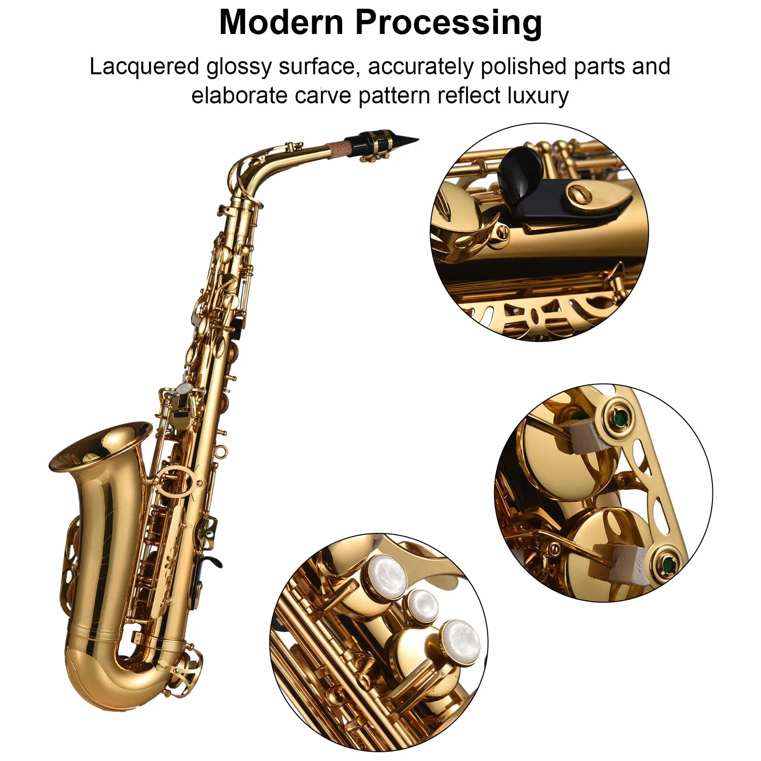 HUIOP Saxofón,Mib Saxofón alto Latón Lacado Saxofón alto Instrumento de viento con estuche de transporte Guantes Correas Paño de limpieza y cepillo Cañas silenciadoras para saxofón Almohadilla para bo