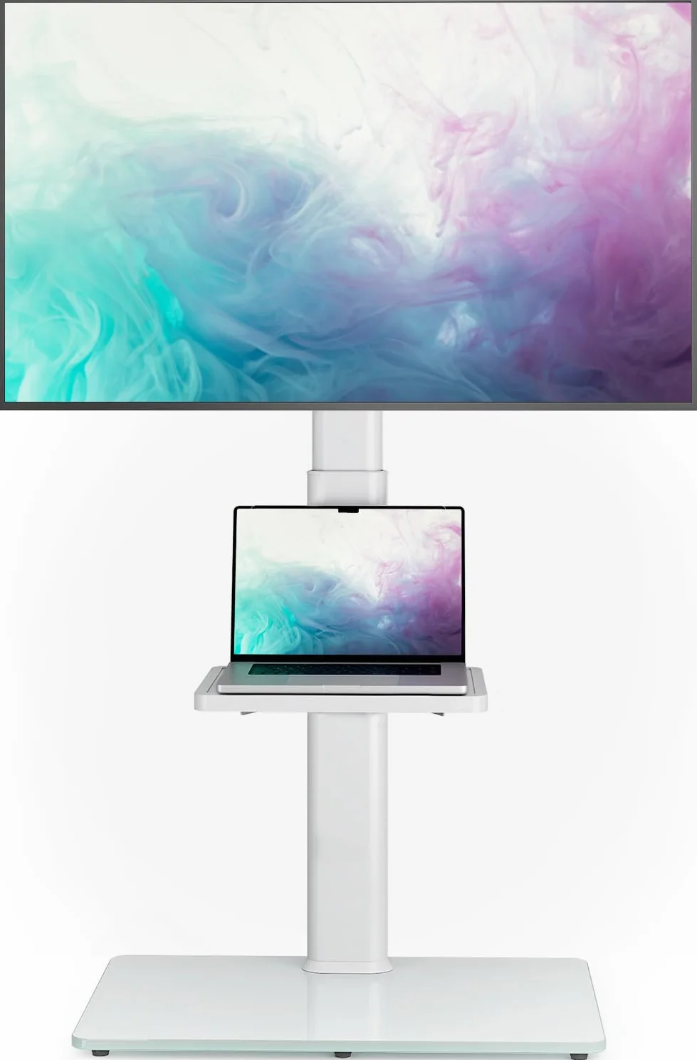 Soporte de TV universal para piso con montaje, giro de 70 grados, 9 niveles de altura ajustable y diseño que ahorra espacio para la mayoría de televisores LCD, LED, OLED de 27 a 65 pulgadas, blanco