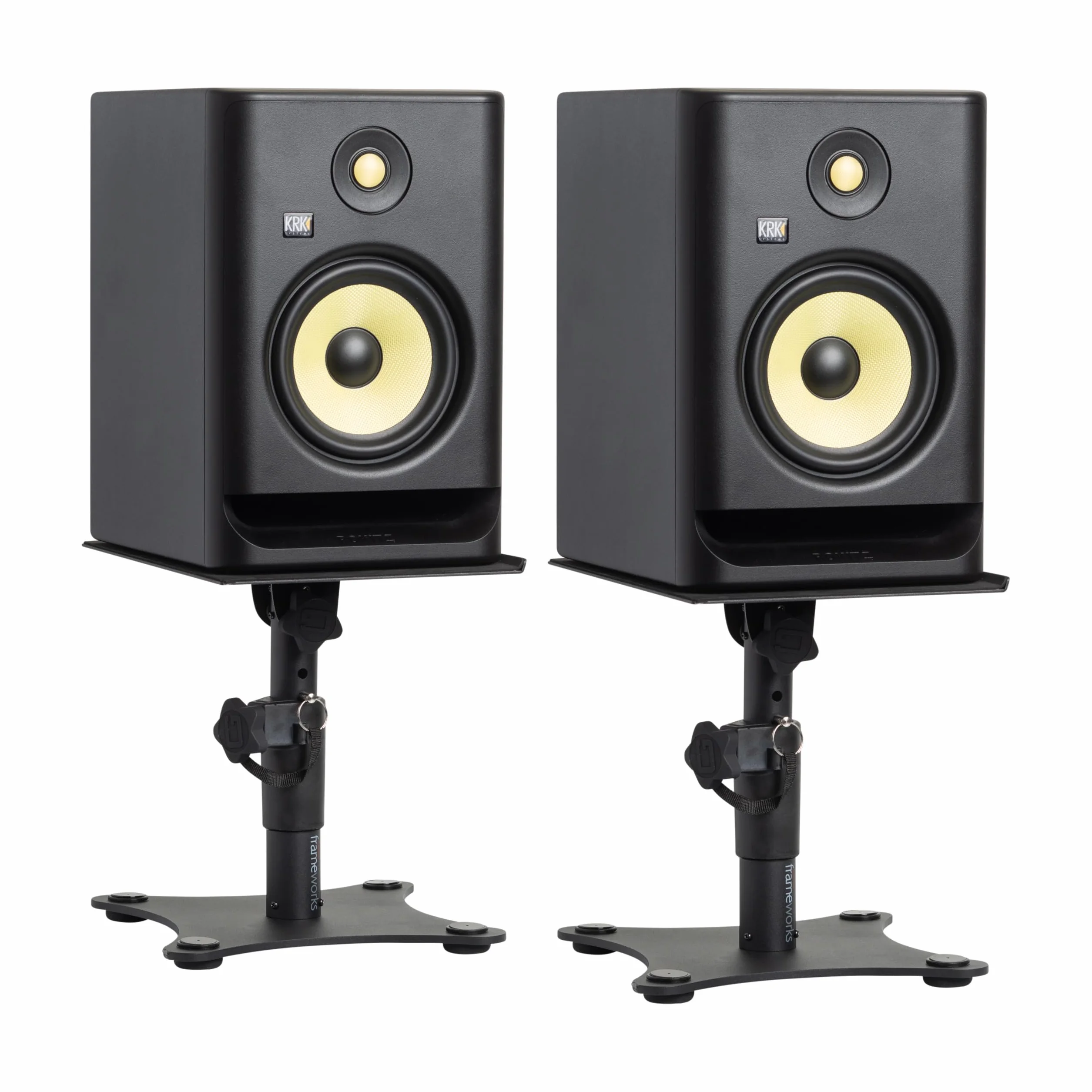 Gator Frameworks Soportes de Estudio y para Altavoces de Escritorio con Superficie Acolchada de Espuma EVA, ángulo Ajustable de 0° a 15° - Juego de 2 (GFWSPKSTMNDSK)