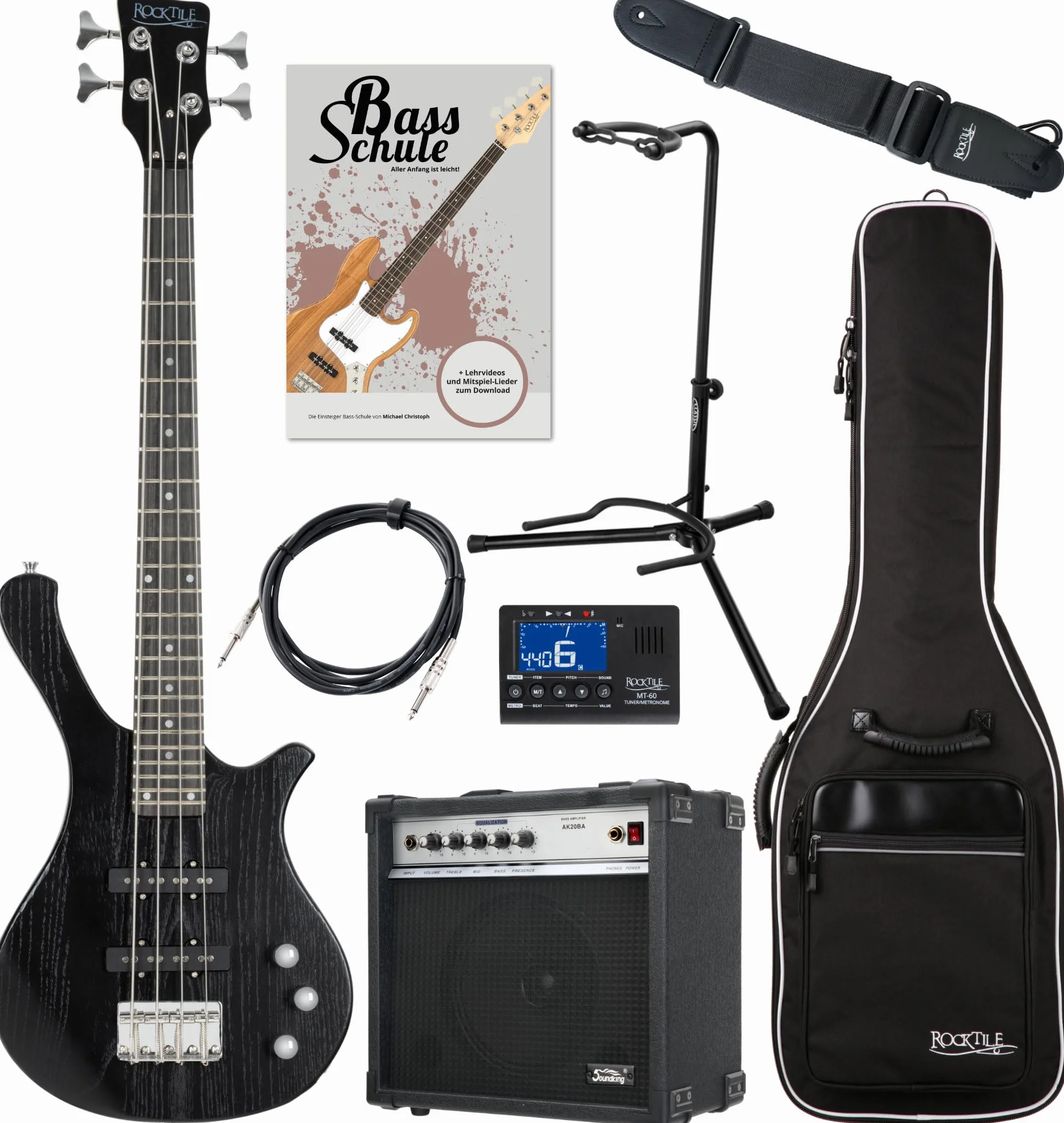 Rocktile TB-4 MBK Traveler Bajo Eléctrico 4 cuerdas viaje, 2 pastillas single coil. Incluye amplificador, funda, afinador, correa, soporte, cable y escuela. Negro Mate.