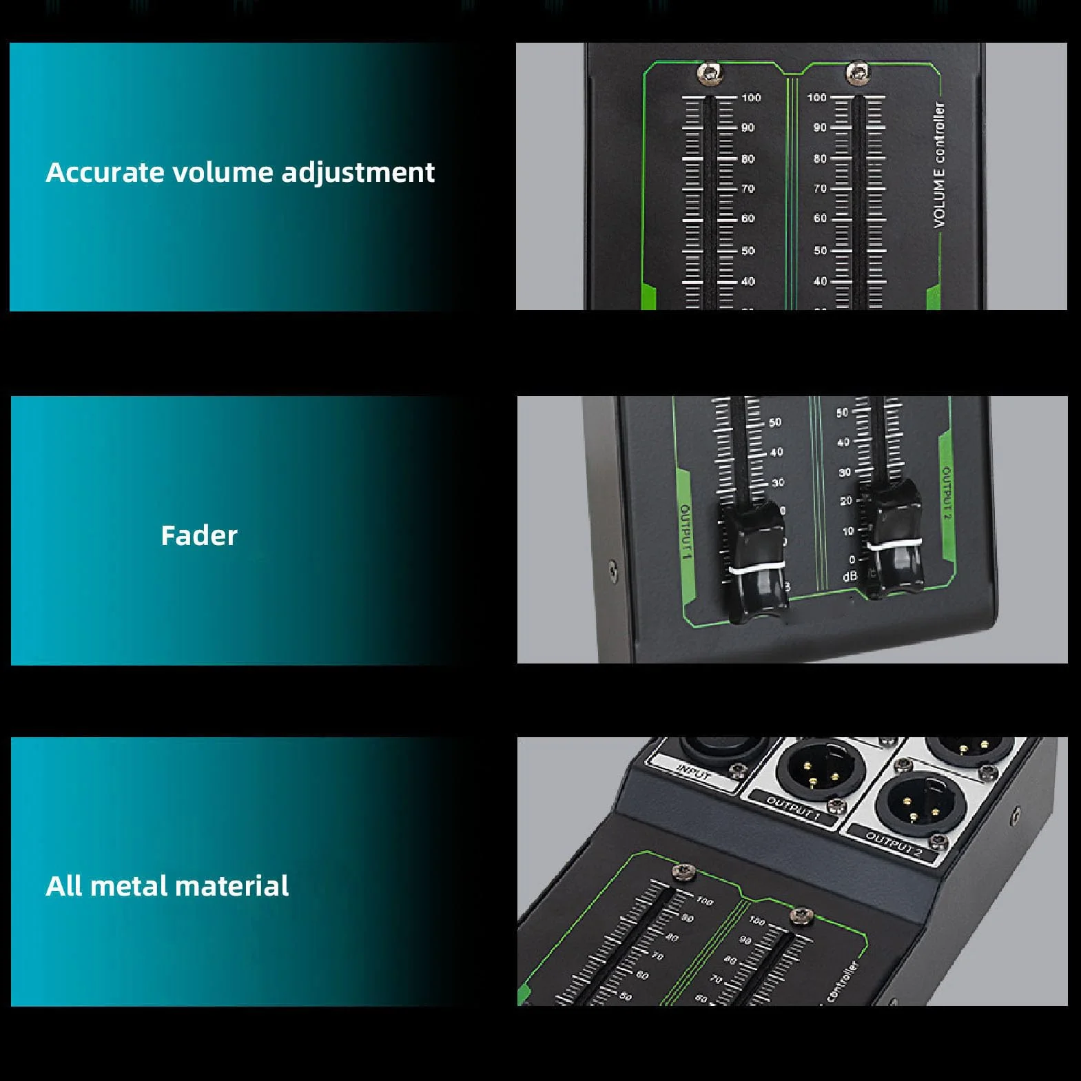 Controlador de Volumen Pasivo, 1 Entrada 2 Salidas Todo Metal Sin Pérdidas Controlador de Volumen Estéreo Preciso Plug and Play para Estudio y de Sonido doméstico(Negro)