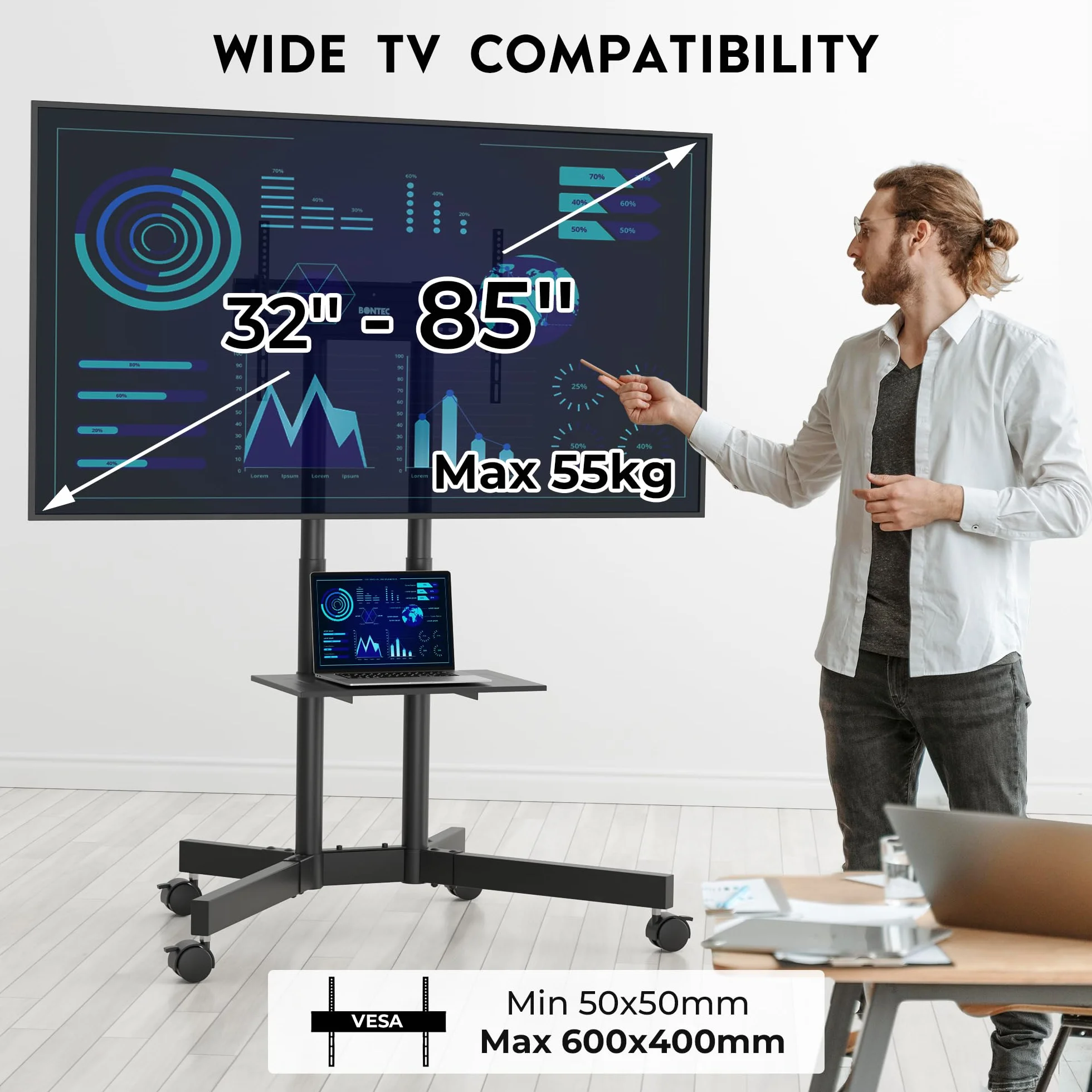 BONTEC Soporte TV Ruedas, Soporte TV Pie para 32-85 Pulgadas para TV de Planos/Curvos, hasta 55 kg, Altura Ajustable con Bandeja Multimedia, Inclinacion ±15°, Gestion de Cables, Máx. VESA 600x400 mm