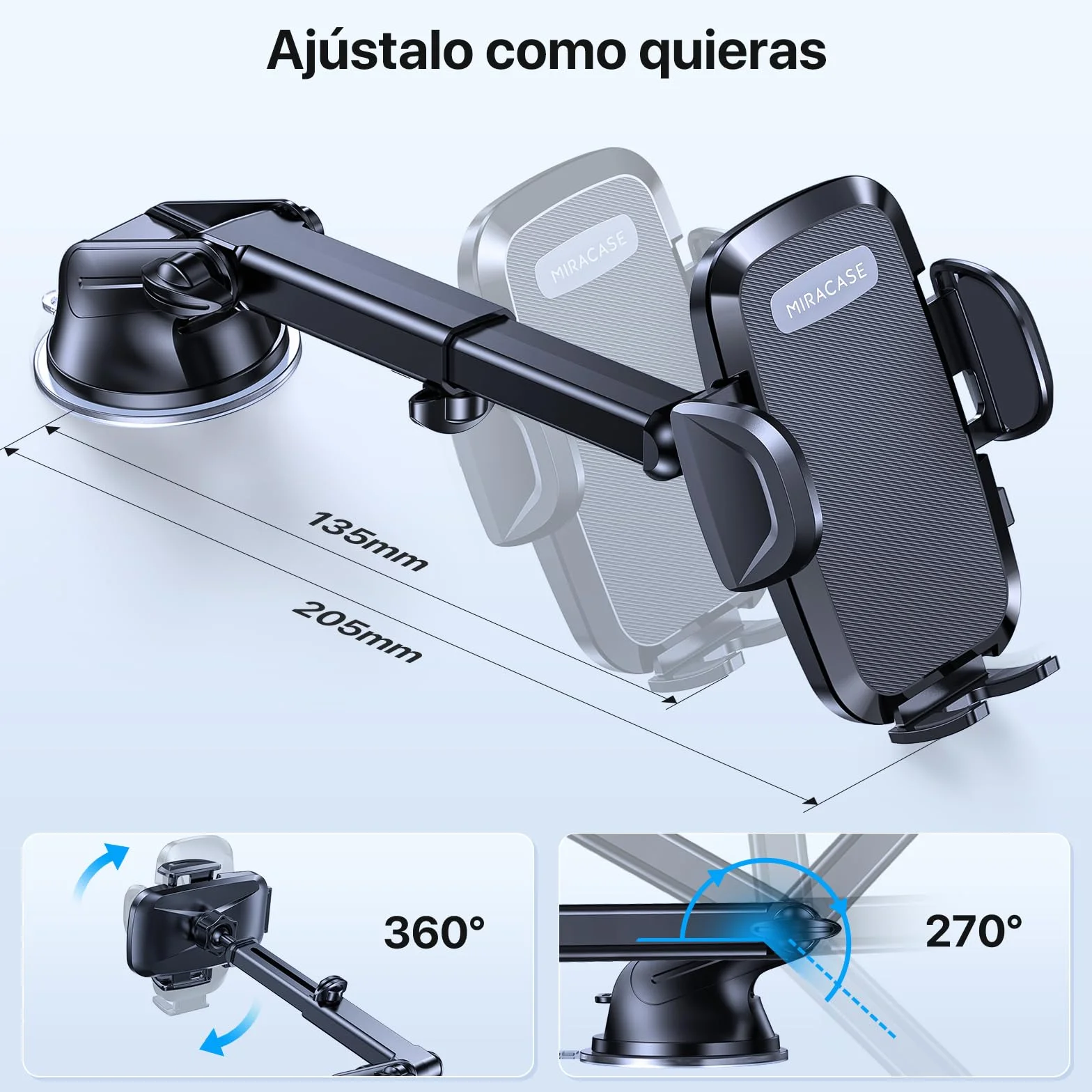 Miracase Soporte Movil Coche [Potente Ventosa& Gancho Doble Metálico] 3 in 1 Suporte Telemovel Carro para Parabrisas/Salpicadero/Ventilación de Aire, Soporte Teléfono Coche Universal para Smartphone
