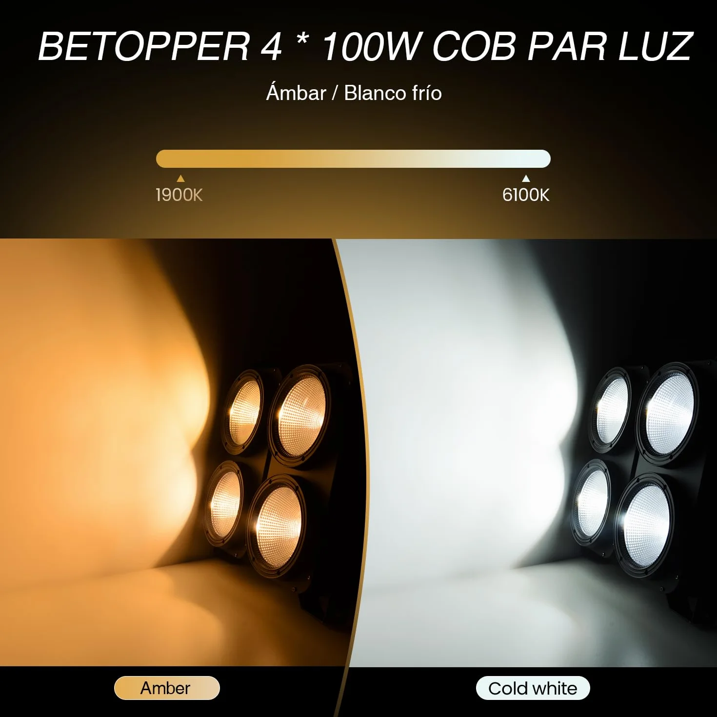 BETOPPER 4x100W COB Par LED, Iluminación de Escenario,1900K-6100K Foco Escenario Blanco Frío/Cálido Efecto con Activación por Sonido, Foco Par Teatro para Bar Discoteca Fiesta Lglesia Boda Navidad