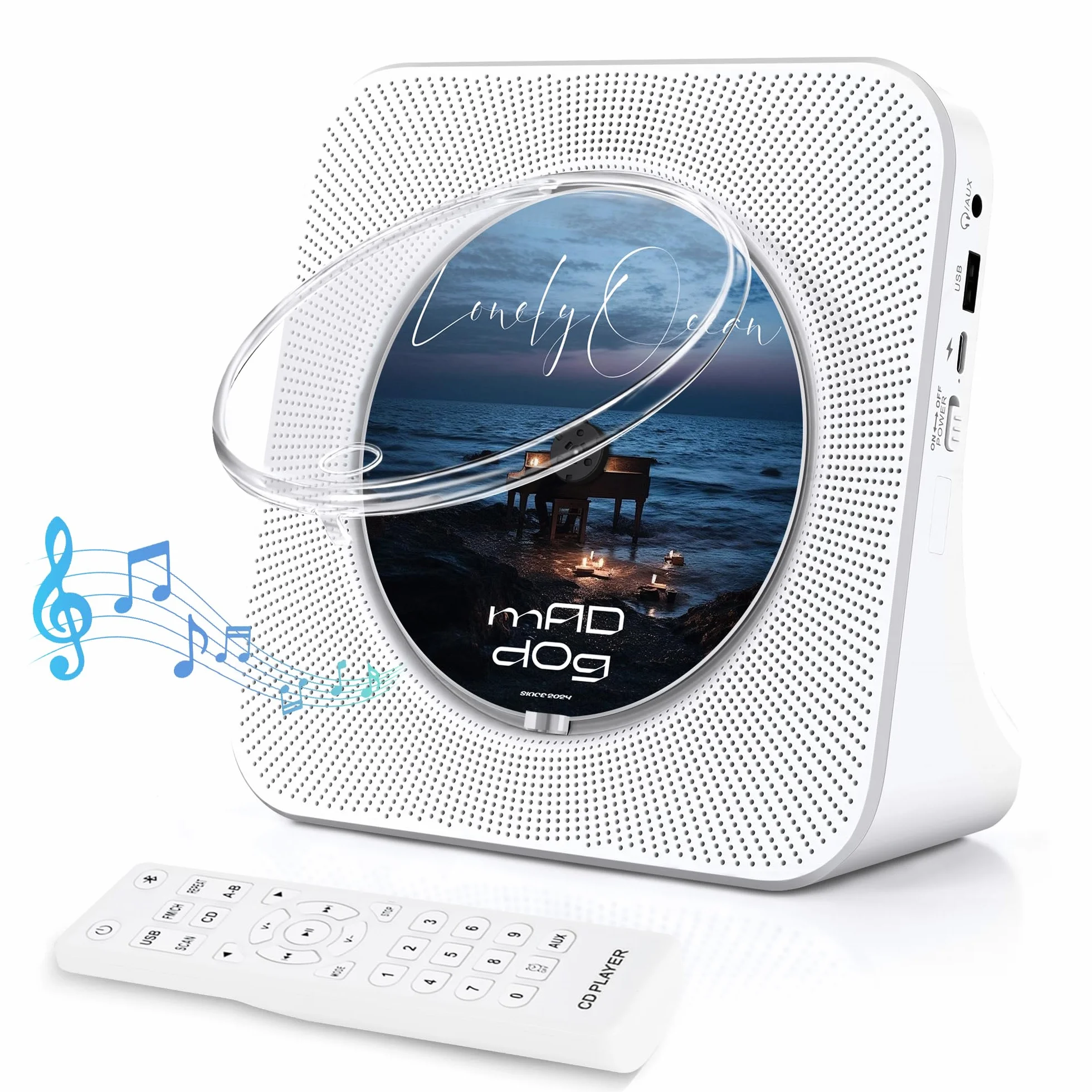 Reproductor CD Bluetooth con diseño de Escritorio, Reproductor de CD portátil con Doble Altavoces y Temporizador, Admite Entrada AUX/USB, Radio FM, Toma de Auriculares, Transmisión Bluetooth
