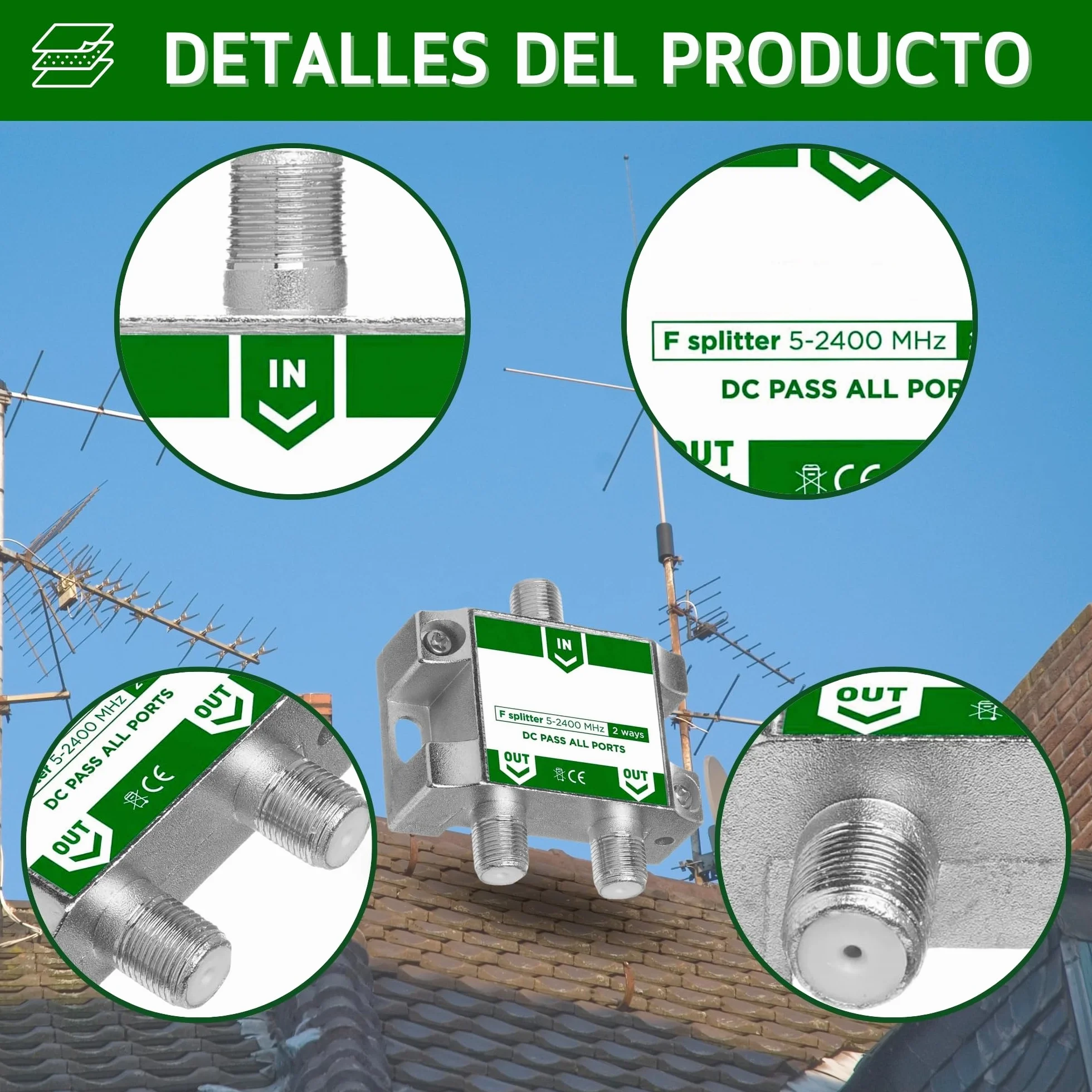 TECHZOCO Repartidor de 2 Salidas, Distribuidor 2 Salidas, Repartidor Serie Class A, 5-2400 MHz, Apto para Bandas de frecuencia Dab, FI, FM, UHF, VHF, Incluye 3 Conectores F, 2 Salidas